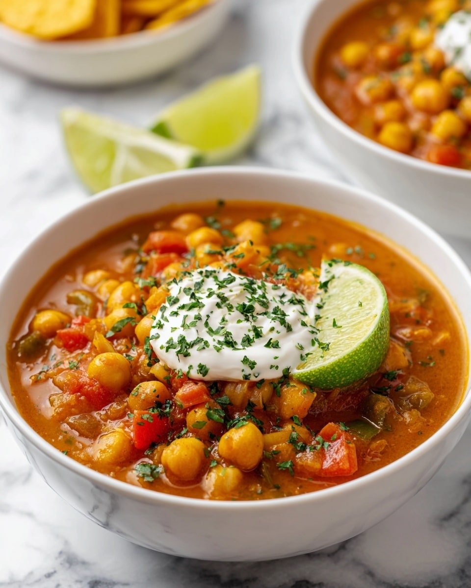 White Chickpea Chili (Vegan Twist on a Classic) Recipe - Recipe Image — White Chickpea Chili Vegan Twist, vegan chickpea chili, healthy vegan chili recipe, plant-based chili with chickpeas, easy vegan chili ideas