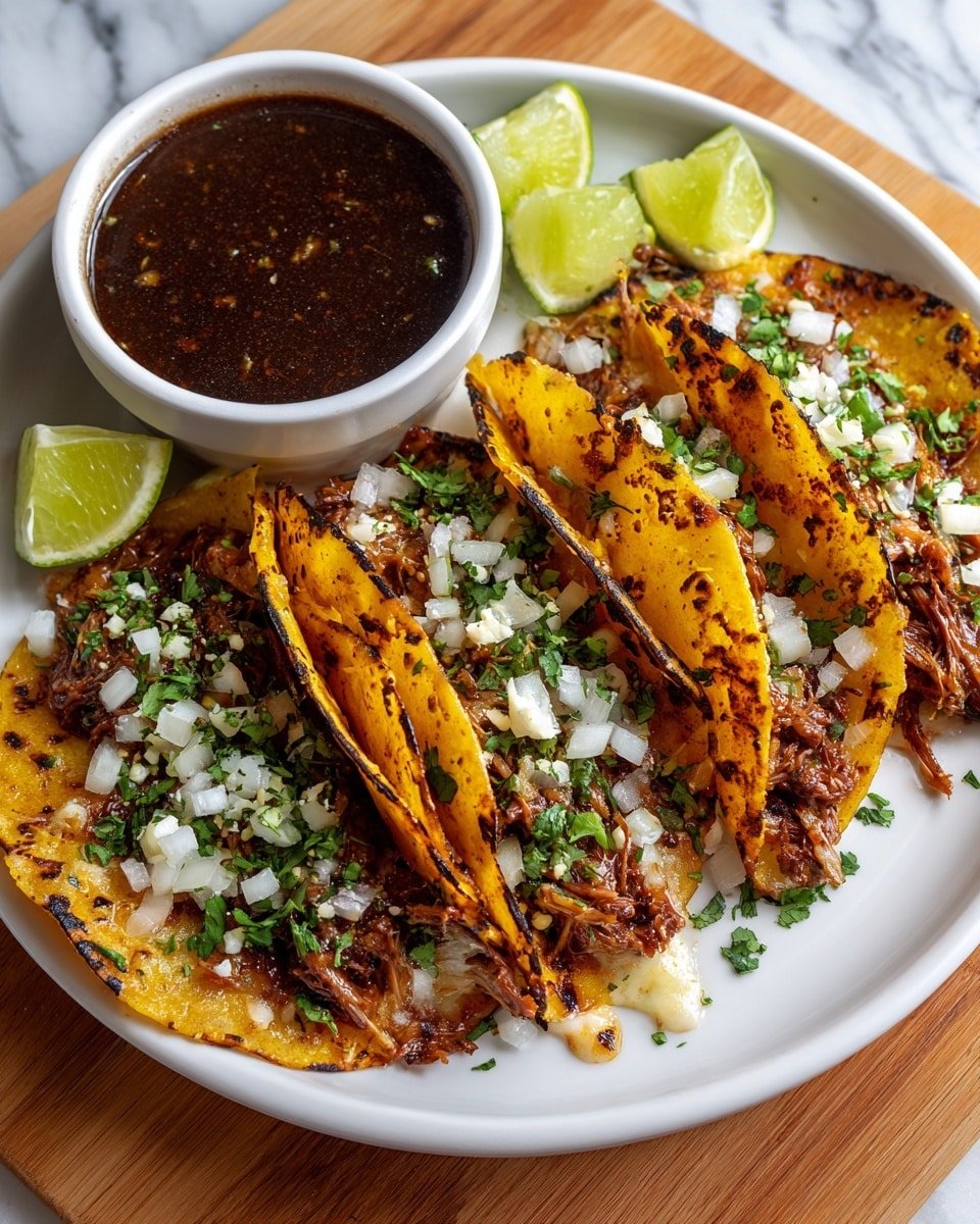 A white round plate holds four folded tacos with golden, slightly crispy tortillas showing specks of black char, each filled with shredded meat and melted cheese visible at the edges. The tacos are topped with scattered small white onion pieces and finely chopped fresh green cilantro. On the left side of the plate sits a white bowl filled with dark, rich-looking sauce. Bright green lime wedges are placed on the plate and around it for garnish. The plate is on a wooden surface, changed to white marbled texture. Photo taken with an iphone --ar 4:5 --v 7 — Baked Chicken Tacos, baked chicken tacos recipe, easy baked chicken tacos, crispy baked chicken tacos, weeknight chicken tacos