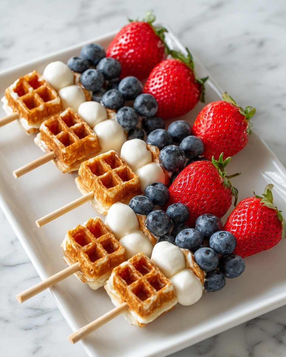 Waffles Fruit Skewers Recipe - Recipe Image — Waffles Fruit Skewers, healthy breakfast ideas, fruit and waffle snack, easy brunch recipes, colorful fruit breakfast