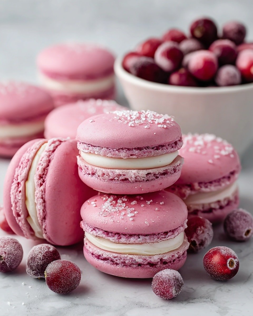 Cranberry Macarons with Cranberry Ganache and Confit Recipe - Recipe Image — Cranberry Macarons Cranberry Ganache and Confit, festive cranberry dessert recipes, elegant holiday macarons, homemade cranberry confit, tart and sweet macaron fillings