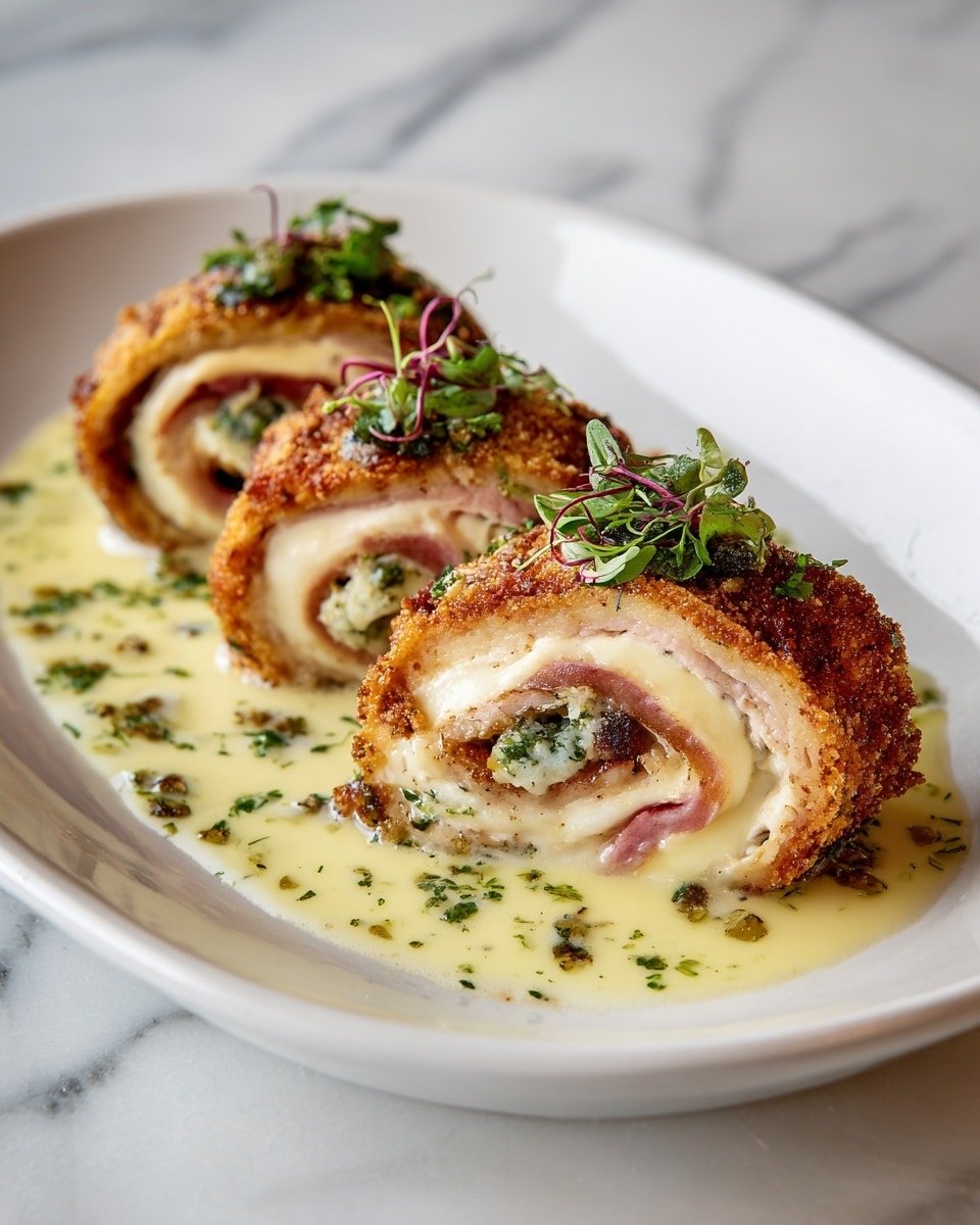 The dish shows three pieces of rolled food with three clear layers: a golden brown crunchy outer crust, a creamy melted pale yellow cheese layer inside, and a pink slice of meat in the center. Each roll sits on a white plate with a light sauce spread underneath; the sauce is pale yellow with green herb bits. Some green herbs are sprinkled on top of the rolls, adding a fresh touch. The background has a white marbled texture. photo taken with an iphone --ar 4:5 --v 7 — Crispy Creamy Chicken Cordon Bleu, chicken cordon bleu, crispy chicken recipes, cheesy chicken dishes, easy dinner ideas