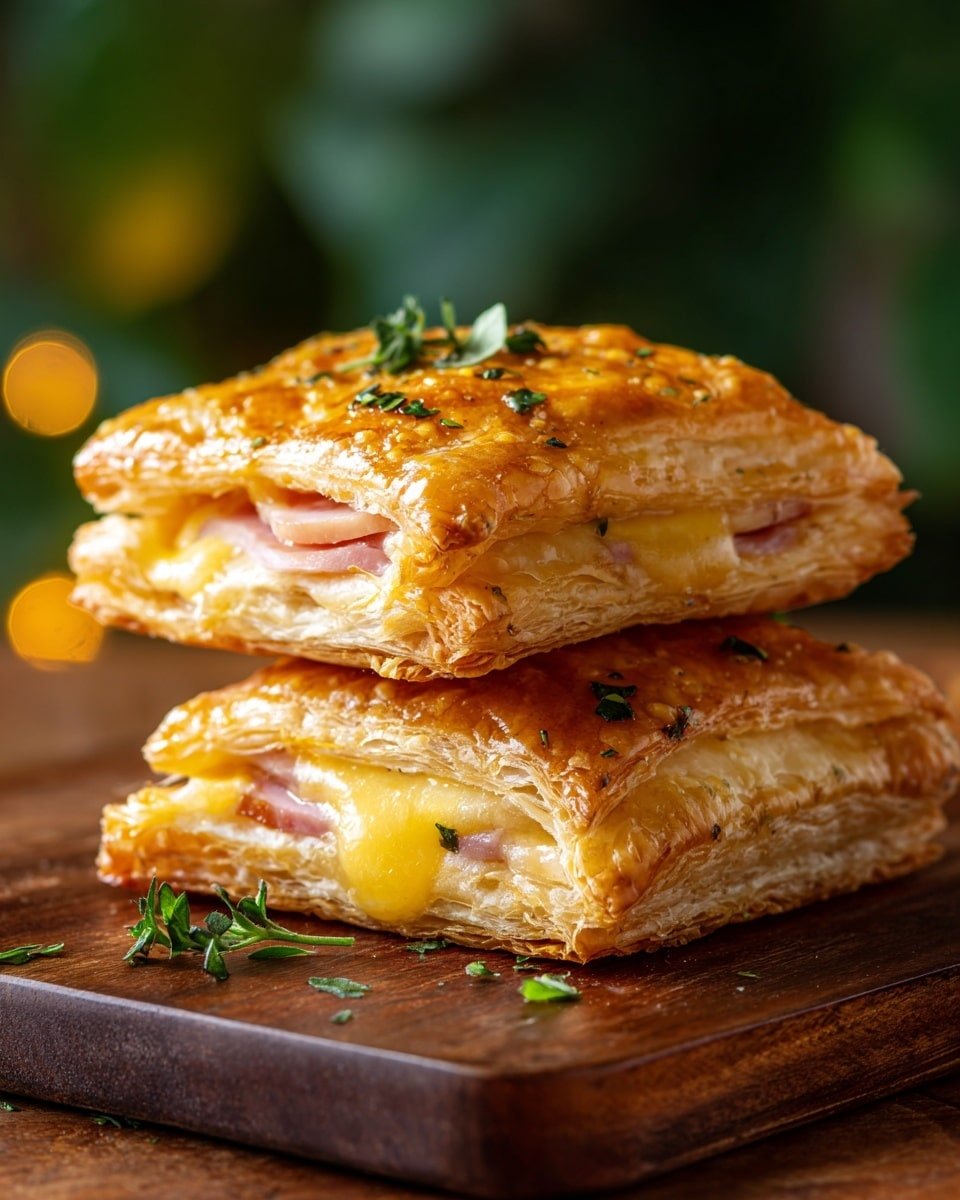 This image shows two golden brown square puff pastries stacked on top of each other on a dark wooden surface. Each pastry has three visible layers: the top and bottom layers are shiny, crisp, and flaky, with a warm golden color, while the middle layer consists of light pink ham slices and melted yellow cheese that slightly oozes out. Small bright green herb leaves decorate the top pastry for color contrast. The background is softly blurred with hints of green, creating a cozy look. photo taken with an iphone --ar 4:5 --v 7 — Ham and Cheese Puff Pastry Pockets, savory puff pastry appetizers, easy ham cheese pastry pockets, quick ham and cheese snacks, flaky puff pastry recipes
