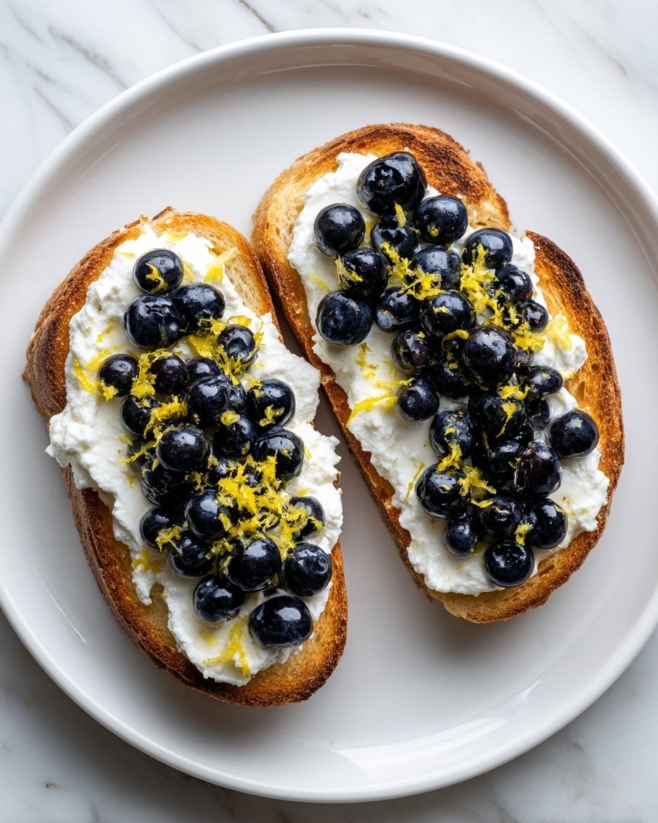Two slices of toasted bread are placed side by side on a white plate, each slice topped with a thick layer of white, creamy ricotta cheese. On top of the cheese, many plump, dark blue blueberries are spread evenly, with bright yellow lemon zest scattered over the blueberries, adding a pop of color. The toast has a golden-brown, crunchy texture visible at the edges, contrasting with the soft cheese and fresh fruit. The plate sits on a white marbled surface, and the photo is taken with an iphone --ar 4:5 --v 7 — Lemon Blueberry Ricotta Toast, Lemon Blueberry Ricotta Toast with Honey, Easy Lemon Blueberry Toast, Healthy Blueberry Ricotta Toast, Quick Breakfast Toast