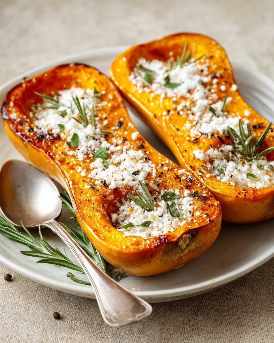 The image shows four halves of roasted butternut squash placed in a white dish with a white marbled surface underneath. Each squash half has a smooth, bright orange flesh with a slightly caramelized texture. The center cavity of each half is filled with melted butter or oil, surrounded by a sprinkle of herbs and grated cheese, mainly on the top surface, adding green and light yellow colors. The herbs appear dry and scattered evenly, giving a textured look, while some browned bits are visible on the edges of the squash. The overall scene is warm and rustic with small dark specks scattered around the dish. Photo taken with an iphone --ar 4:5 --v 7 — Roasted Honeynut Squash with Parmesan and Herbs, Honeynut squash side dish, healthy roasted squash recipe, easy vegetable side, flavorful squash recipes