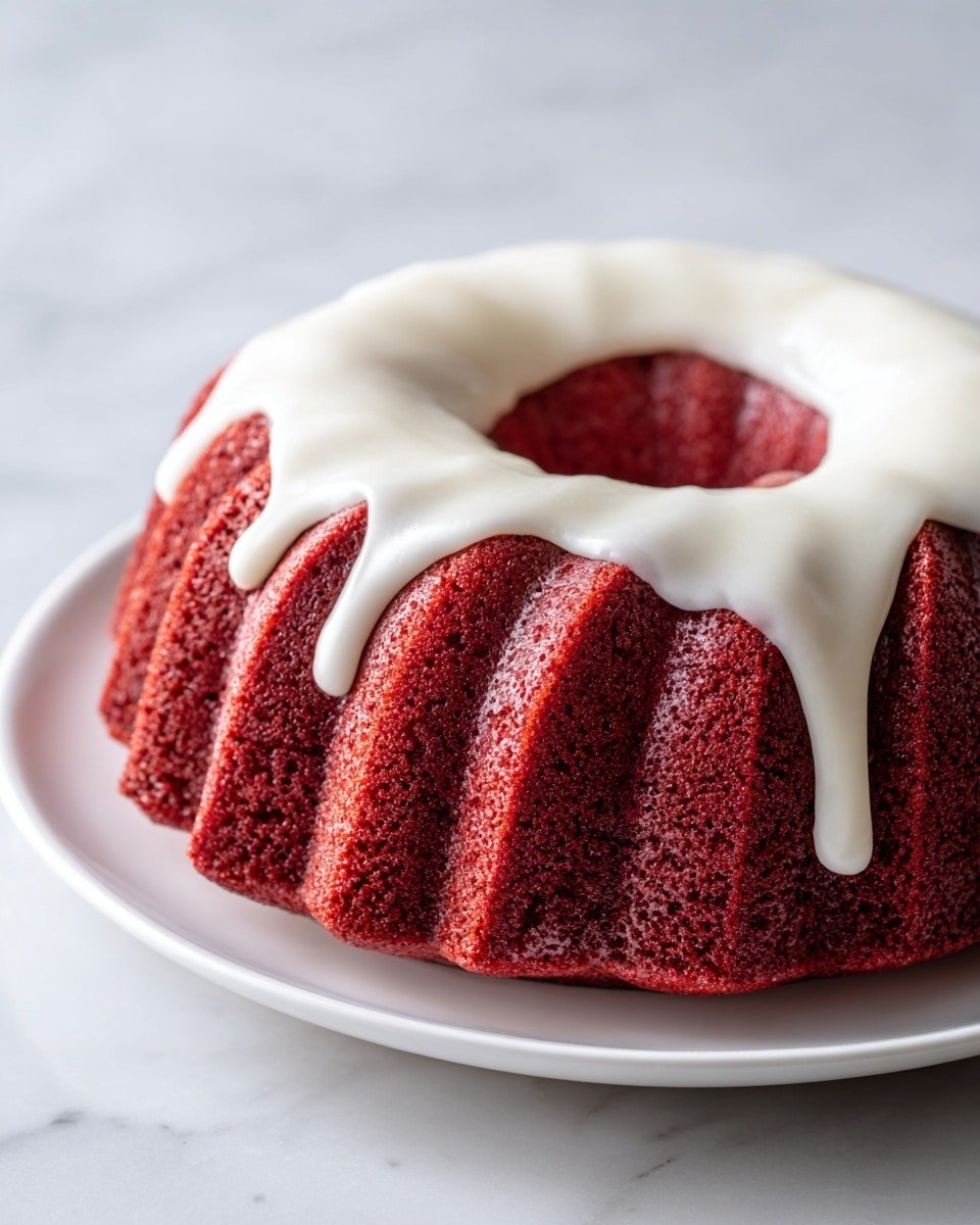 A round red cake shaped like a ring with one slice missing is shown. It has a smooth, thick white glaze dripping unevenly down the sides from the top. The cake looks soft and dense, with a deep red color inside and out. Powdered sugar is sprinkled on top of the glaze, and small crumbles of red cake are scattered around the base on a round wooden cake stand. The background and surface have a soft, blurred look. photo taken with an iphone --ar 4:5 --v 7 — Red Velvet Bundt Cake with Cream Cheese Glaze, easy red velvet cake recipe, moist bundt cake with cream cheese icing, festive red velvet dessert, homemade red velvet cake