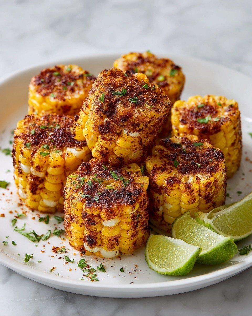 A white plate holds several small rounds of corn on the cob, each piece seasoned with a dark reddish-brown spice blend that gives a textured look on the bright yellow and white kernels. There are small bits of green herbs sprinkled over the corn and on the plate, adding a fresh touch. In the background, two lime wedges with bright green skins rest on the plate, partly hidden behind the corn pieces. The plate is set on a white marbled surface that softly reflects light. The photo taken with an iphone --ar 4:5 --v 7 — Spicy Mexican Corn Bites, Mexican Corn Appetizer, Spicy Corn Snack, Corn Bites with Jalapeño, Easy Mexican Corn Crowd-Pleaser