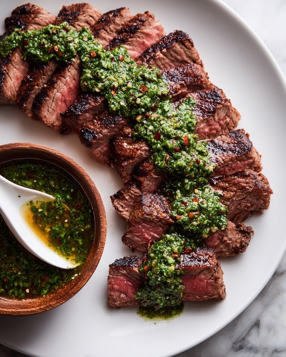 Chimichurri Flank Steak Recipe - Recipe Image — Chimichurri Flank Steak, grilled flank steak with chimichurri, easy chimichurri steak, flavorful flank steak recipe, herbaceous steak dinner