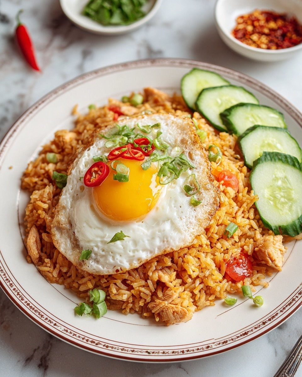 A white round plate holds a single serving of orange-colored fried rice mixed with bright green peas, red bell pepper chunks, green cucumber slices, and small beige vegetable pieces. On top of the rice, there is a fried egg with a glossy, bright yellow yolk in the center and white edges slightly crispy and bubbly. The plate is placed on a white marbled surface with some green and red vegetables and wooden chopsticks nearby. Photo taken with an iphone --ar 4:5 --v 7 — Nasi Goreng Indonesian Fried Rice, Indonesian Fried Rice recipe, authentic Nasi Goreng, fried rice with kecap manis, easy Indonesian fried rice