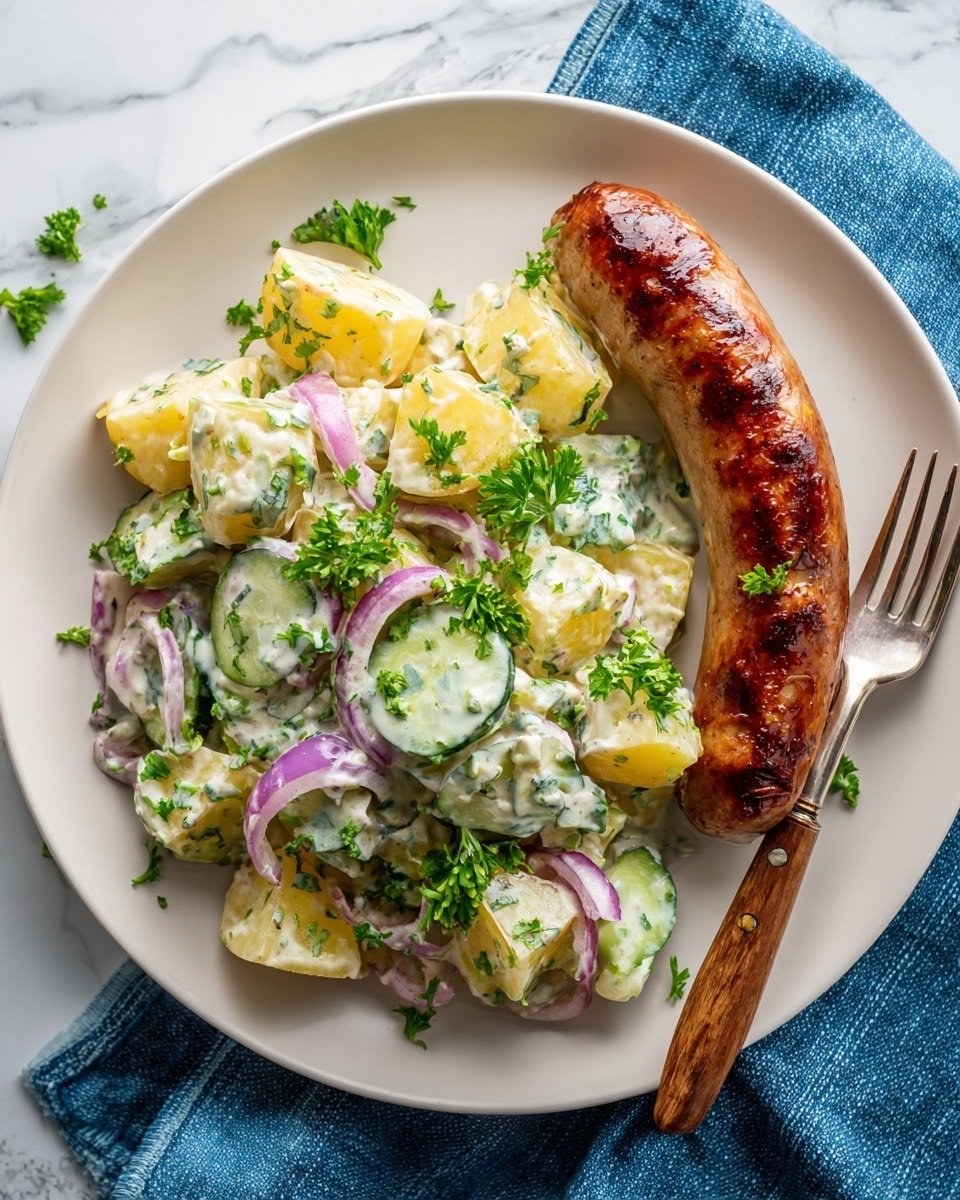 Potato Sausage Salad Recipe - Recipe Image — Potato Sausage Salad, Potato Sausage Salad recipe, warm potato salad with sausage, easy sausage potato salad, comforting potato salad ideas
