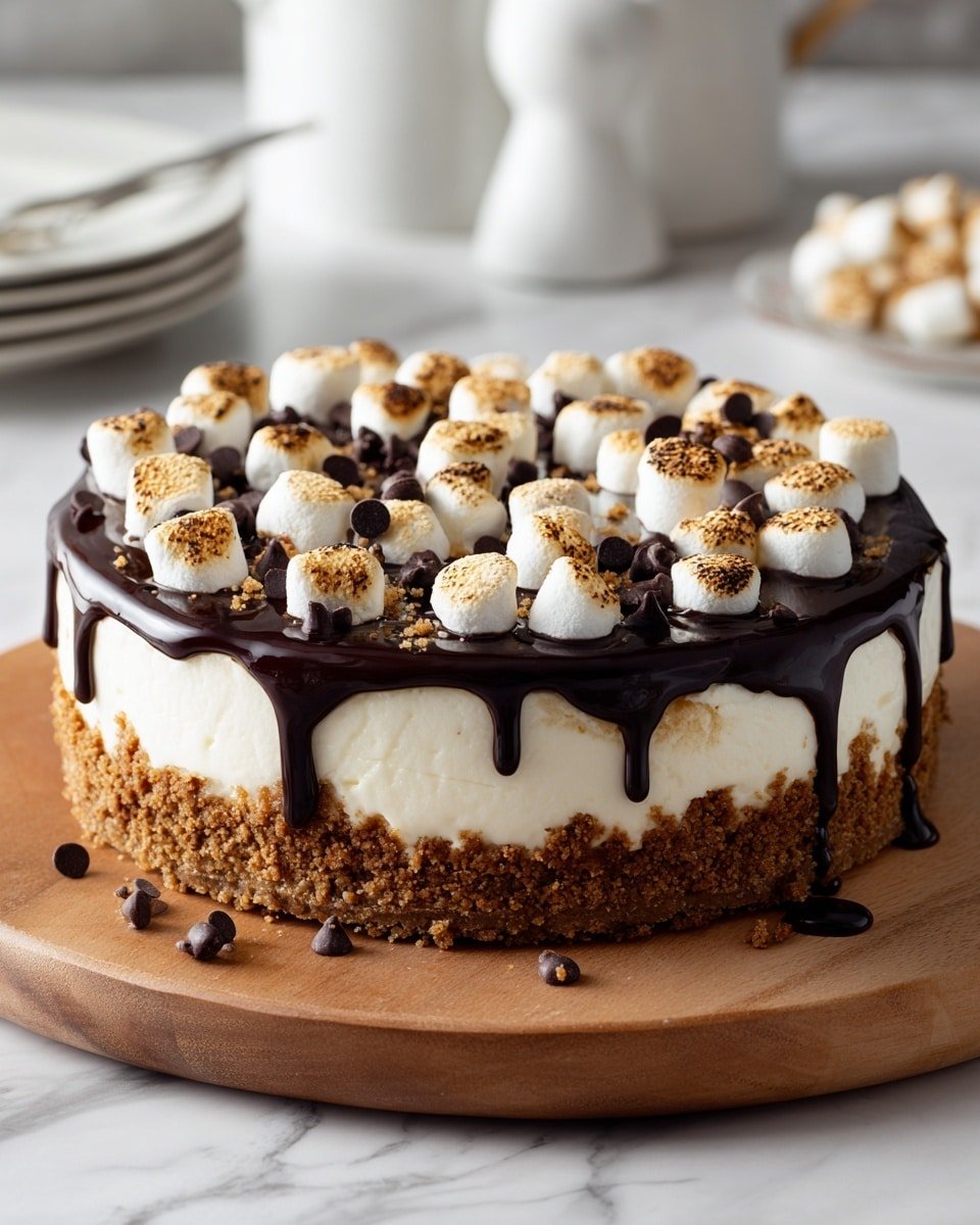 Decadent S’mores Cheesecake Recipe - Recipe Image — Decadent S’mores Cheesecake, s'mores cheesecake, campfire dessert, chocolate marshmallow cheesecake, easy s'mores dessert
