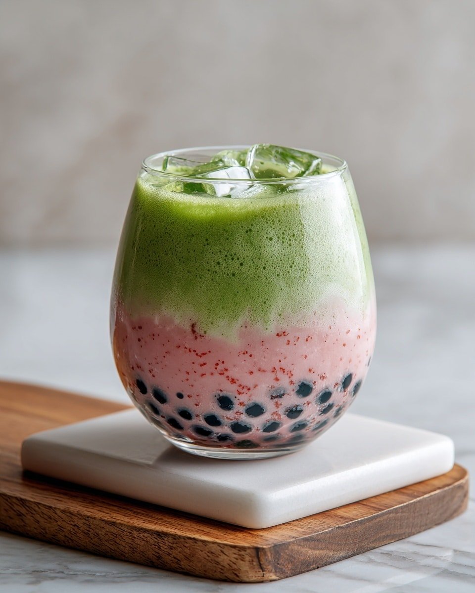 Strawberry Matcha Boba Recipe - Recipe Image — Strawberry Matcha Boba, strawberry matcha bubble tea, homemade matcha boba drink, refreshing strawberry matcha beverage, tapioca pearl tea recipe