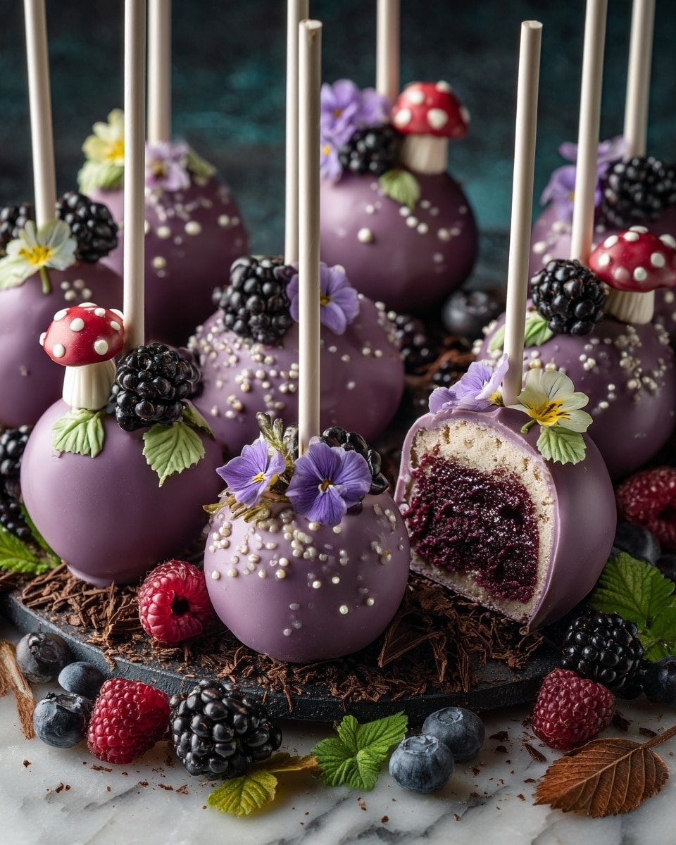 Forbidden Forest Blackberry Cheesecake Pops Recipe - Recipe Image — Forbidden Forest Blackberry Cheesecake Pops, blackberry cheesecake dessert, chocolate-covered cheesecake pops, berry-themed treats, fun party dessert