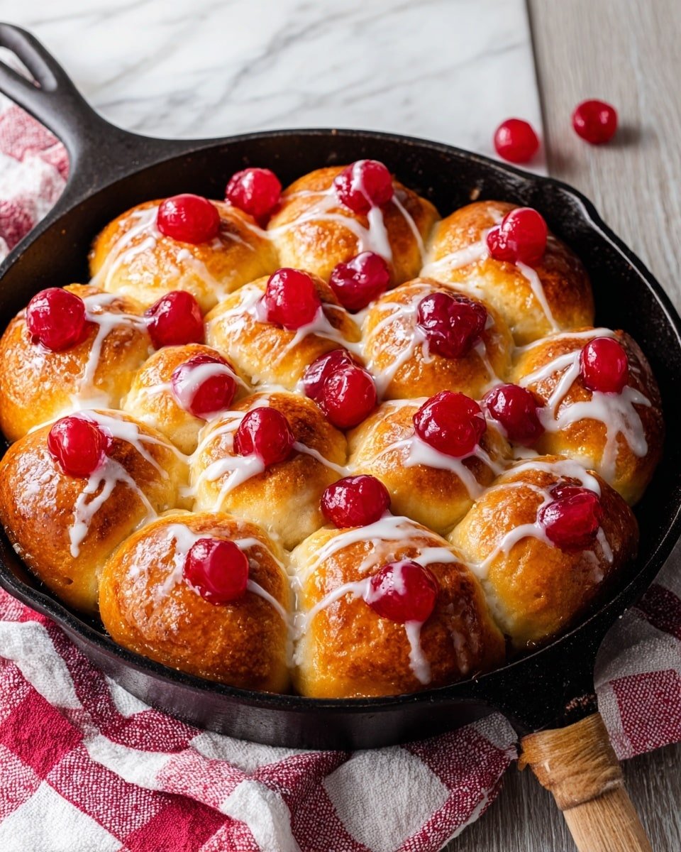 A black cast iron pan holds about eight golden brown, soft, round buns, each topped with bright red cooked cherries. The buns are covered with a thick light glaze and thin white icing drizzled in lines across the top, with some melted white cream pooling in places. The pan rests on a red and white cloth, placed on a wooden surface. The image shows the buns close up with a warm, cozy feel. photo taken with an iphone --ar 4:5 --v 7 — Cherry Pie Cinnamon Bake, Cherry Pie Cinnamon Bake recipe, cozy cherry dessert, cinnamon cherry dessert, easy fruit crumble bake