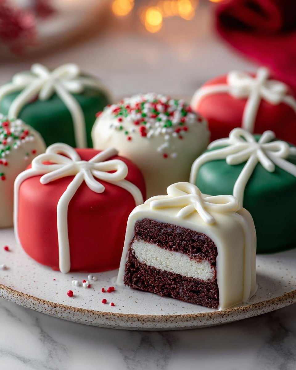 The image shows a plate of small round cakes designed like Christmas presents. Each cake is covered in smooth red, green, or white icing, with white icing ribbons and bows on top, creating a gift box look. One red cake in the front is cut open, revealing a dark chocolate cookie layer with a white cream filling inside. The cakes are sprinkled lightly with powdered sugar, and the white cake also has red and green sprinkles. They sit on a white plate with a textured edge, placed on a white marbled surface. The background is blurred with red and green colors suggesting holiday decorations. photo taken with an iphone --ar 4:5 --v 7 — Christmas Oreo Balls, festive holiday treats, no-bake Christmas desserts, easy holiday desserts, Christmas candy balls