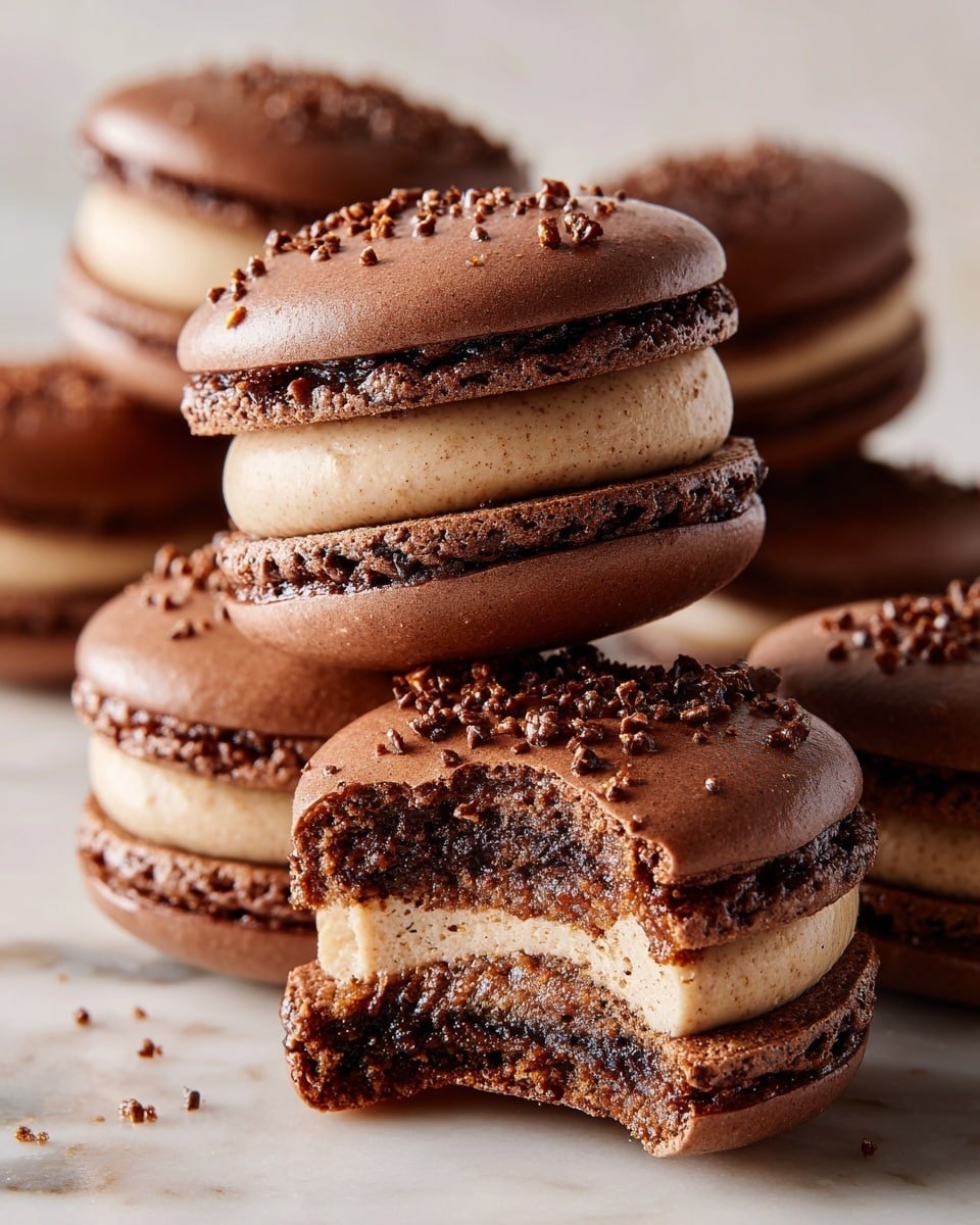 The image shows several dark brown macarons stacked close together on a white plate, placed on a white marbled surface. Each macaron has two smooth, round chocolate shells with a slightly rough edge where they meet the filling. The filling is thick and creamy, light brown in color with a smooth texture, firmly sandwiched between the shells. One macaron in the front is broken in half, revealing the creamy filling inside and the moist texture of the chocolate shells. Small chocolate crumbs are sprinkled over the tops of the shells and around the macarons on the plate. photo taken with an iphone --ar 4:5 --v 7 — Chocolate Peanut Butter Macarons, homemade macaron recipe, peanut butter-filled macarons, chocolate and peanut butter desserts, how to make macarons