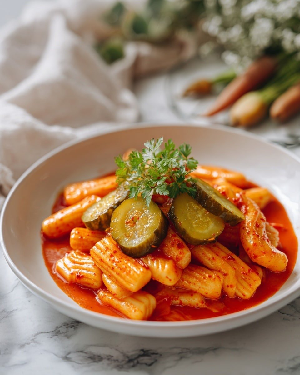 The dish shows a white plate filled with bright orange and light yellow finger-shaped rice cakes, covered in a shiny red sauce. There are also three green pickle slices placed on top of the rice cakes. In the center, a small bunch of fresh green herbs adds color contrast. The sauce looks smooth and slightly glossy, pooling at the bottom of the plate. The background is a white marbled surface with a soft cloth and some blurred vegetables in the back. photo taken with an iphone --ar 4:5 --v 7 — Zingy Dill Pickle Hot Sauce, homemade dill pickle hot sauce, spicy pickle sauce, tangy hot sauce recipe, easy hot sauce with dill