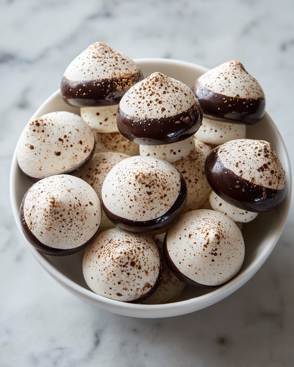 Meringue Mushrooms Recipe - Recipe Image — Meringue Mushrooms, how to make meringue mushrooms, homemade meringue forest treats, festive meringue dessert ideas, easy meringue tips
