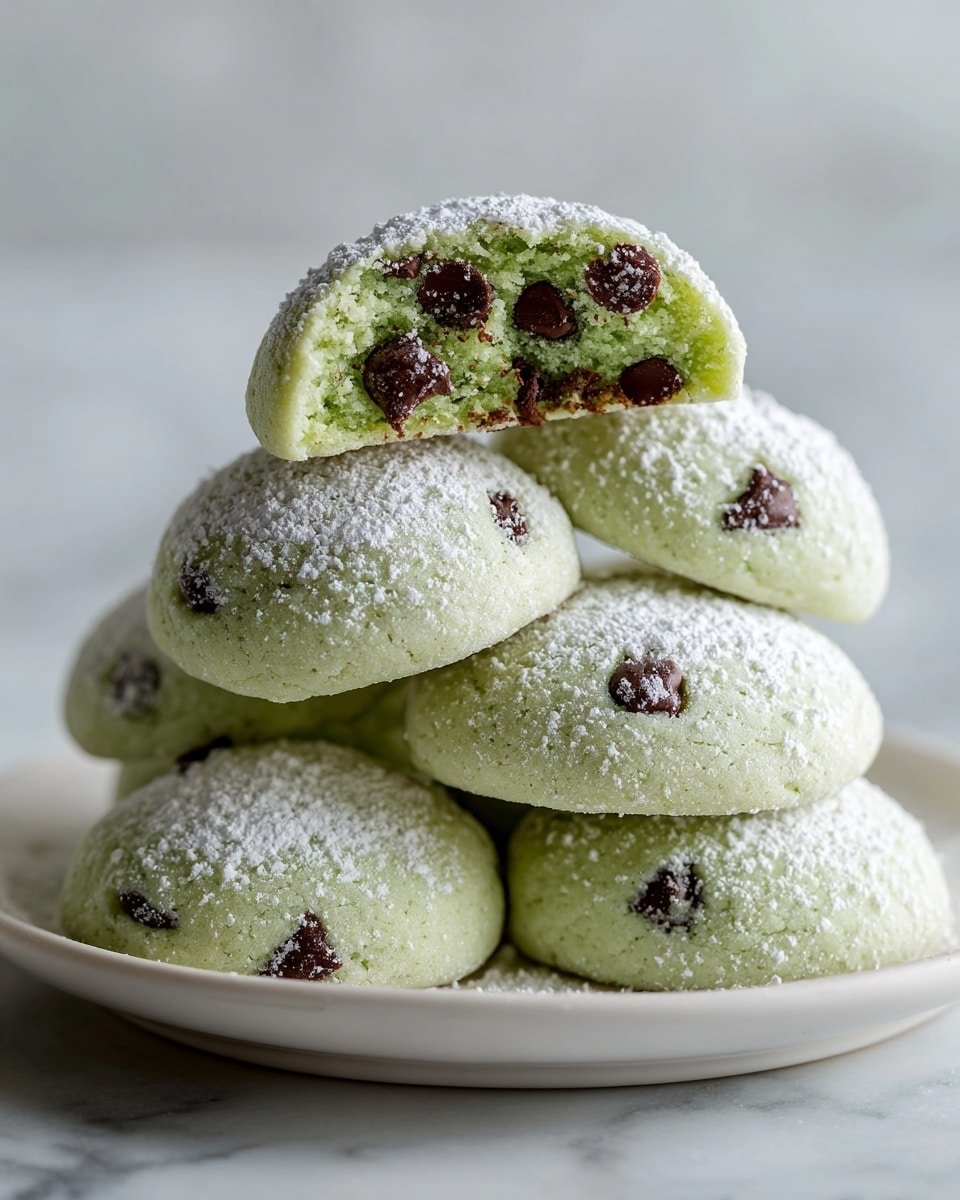 Mint Chocolate Chip Snowball Cookies Recipe - Recipe Image — Mint Chocolate Chip Snowball Cookies, peppermint holiday cookies, buttery snowball cookies with chocolate chips, festive mint chocolate cookies, easy Christmas cookie recipes