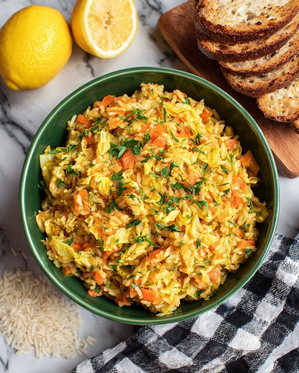 Lahanorizo (Greek Rice with Cabbage) Recipe - Recipe Image — Lahanorizo Greek Rice with Cabbage, Greek rice and cabbage dish, traditional Greek lahano rice recipe, easy Greek vegetable rice, comforting Greek cabbage side