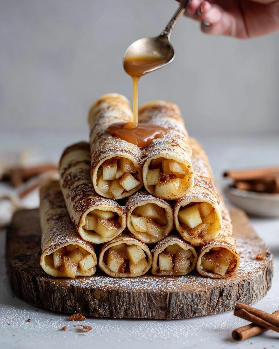 Apple Cinnamon Crepes with Caramel Drizzle Recipe - Recipe Image — Apple Cinnamon Crepes with Caramel Drizzle, apple cinnamon crepes, cozy breakfast recipes, sweet dessert crepes, caramel drizzled crepes