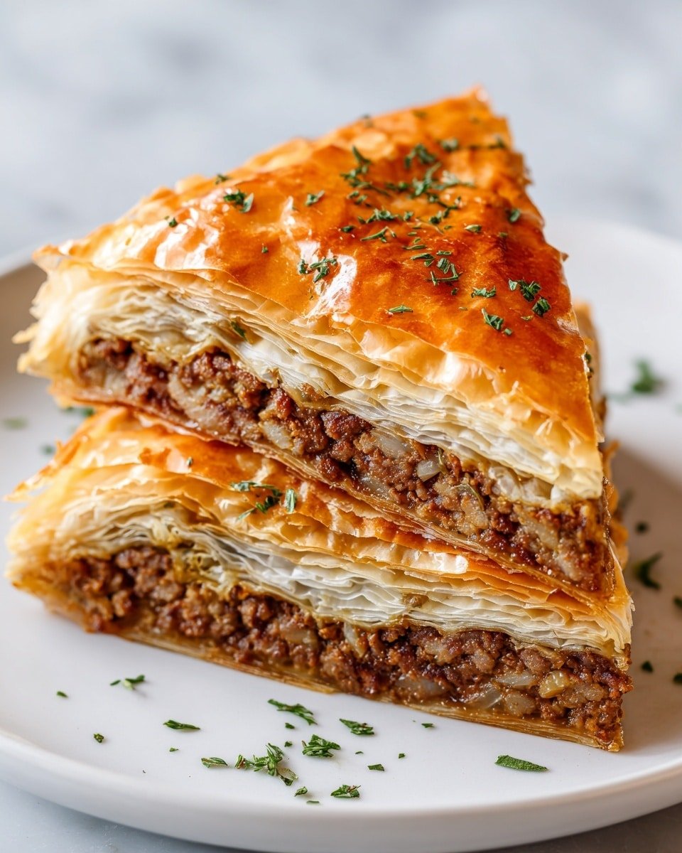 Kreatopita (Greek Savory Meat Pie) Recipe - Recipe Image — Kreatopita Greek savory meat pie, Greek meat pie recipe, traditional Greek Kreatopita, how to make Kreatopita, flaky phyllo meat pie