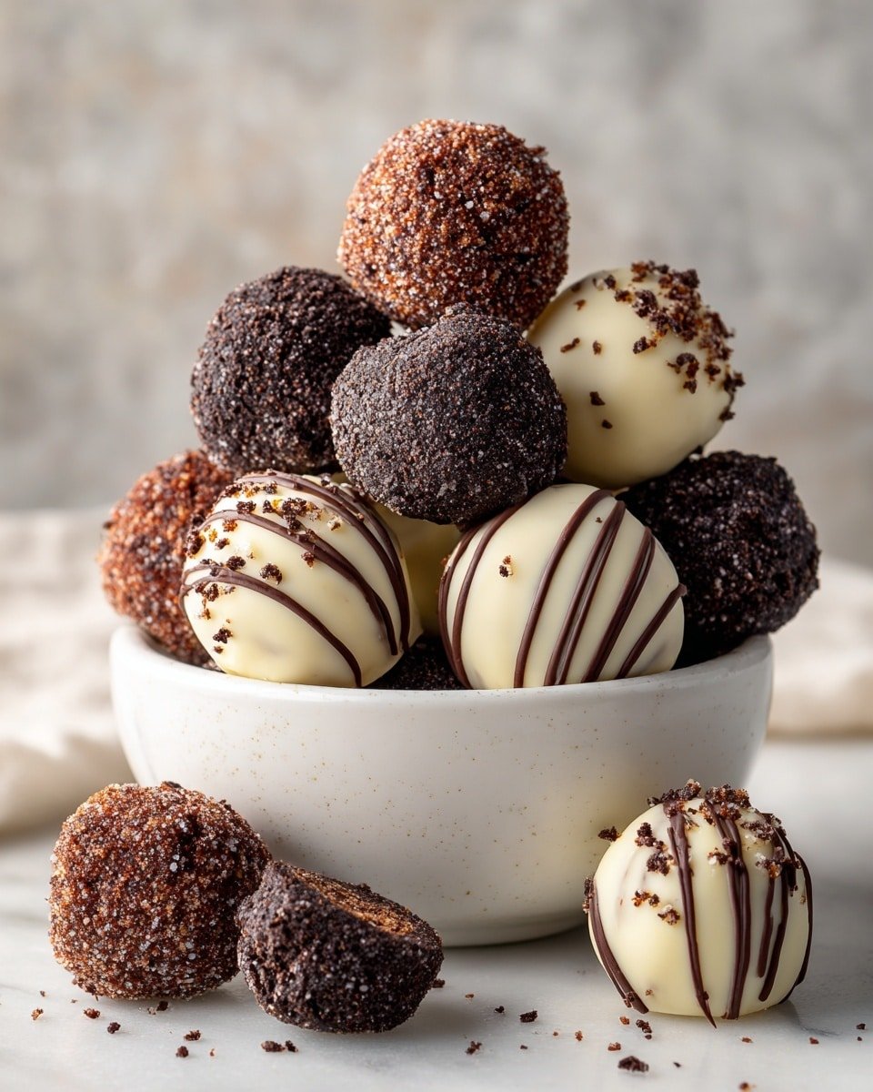 A white bowl is filled with dark brown round truffles, some covered in a white coating with dark specks, and others sprinkled with cocoa powder, giving them a rough texture. A few truffles have white lines drizzled on them, adding contrast. Around the bowl, there are dark sandwich cookies with white filling, some whole and some broken into pieces scattered on a white marbled surface. The mixture of smooth white speckled truffles, cocoa-dusted ones, and patterned cookies creates a rich, textured look. photo taken with an iphone --ar 4:5 --v 7 — Easy Oreo Balls, Oreo Balls dessert, homemade Oreo candies, quick Oreo treats, simple Oreo ball recipe