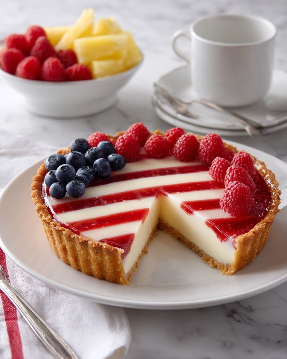 Easy American Flag Fruit Pizza Recipe - Recipe Image — American Flag Fruit Pizza, patriotic fruit dessert, easy fruit pizza recipe, summer fruit pizza, festive fruit pizza