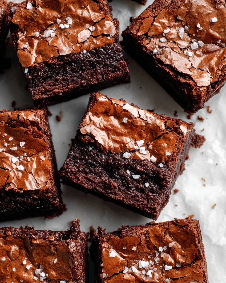 The image shows four thick, square-shaped chocolate brownies arranged on a white marbled surface. Each brownie has a cracked, slightly crispy top layer with a smooth, shiny caramel layer spread on top, sprinkled with coarse white salt flakes. The inside of the brownies is dense and moist with a rich dark brown color. One brownie is slightly separated from the others, showing caramel oozing down the side. In the background, there is a white cup filled with caramel sauce. Photo taken with an iphone --ar 4:5 --v 7 — Fudgy Salted Caramel Brownies, salted caramel brownies recipe, rich chocolate brownies, homemade caramel brownies, easy brownie recipes
