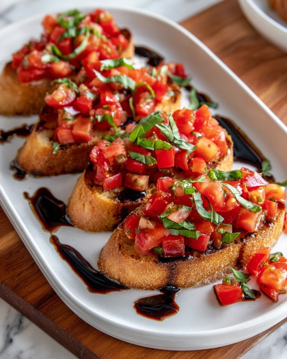 Five pieces of toasted bread sit on a white plate, each topped with a layer of bright red diced tomatoes and scattered with thin green basil strips. Underneath the bread, a dark balsamic glaze pools on the plate, adding a deep contrast to the light brown toasted bread and fresh toppings. The plate rests on a white marbled surface with a wooden board partially visible beside it. photo taken with an iphone --ar 4:5 --v 7 — Easy Bruschetta, fresh tomato bruschetta, garlic and basil appetizer, crispy baguette topping, quick Italian starter