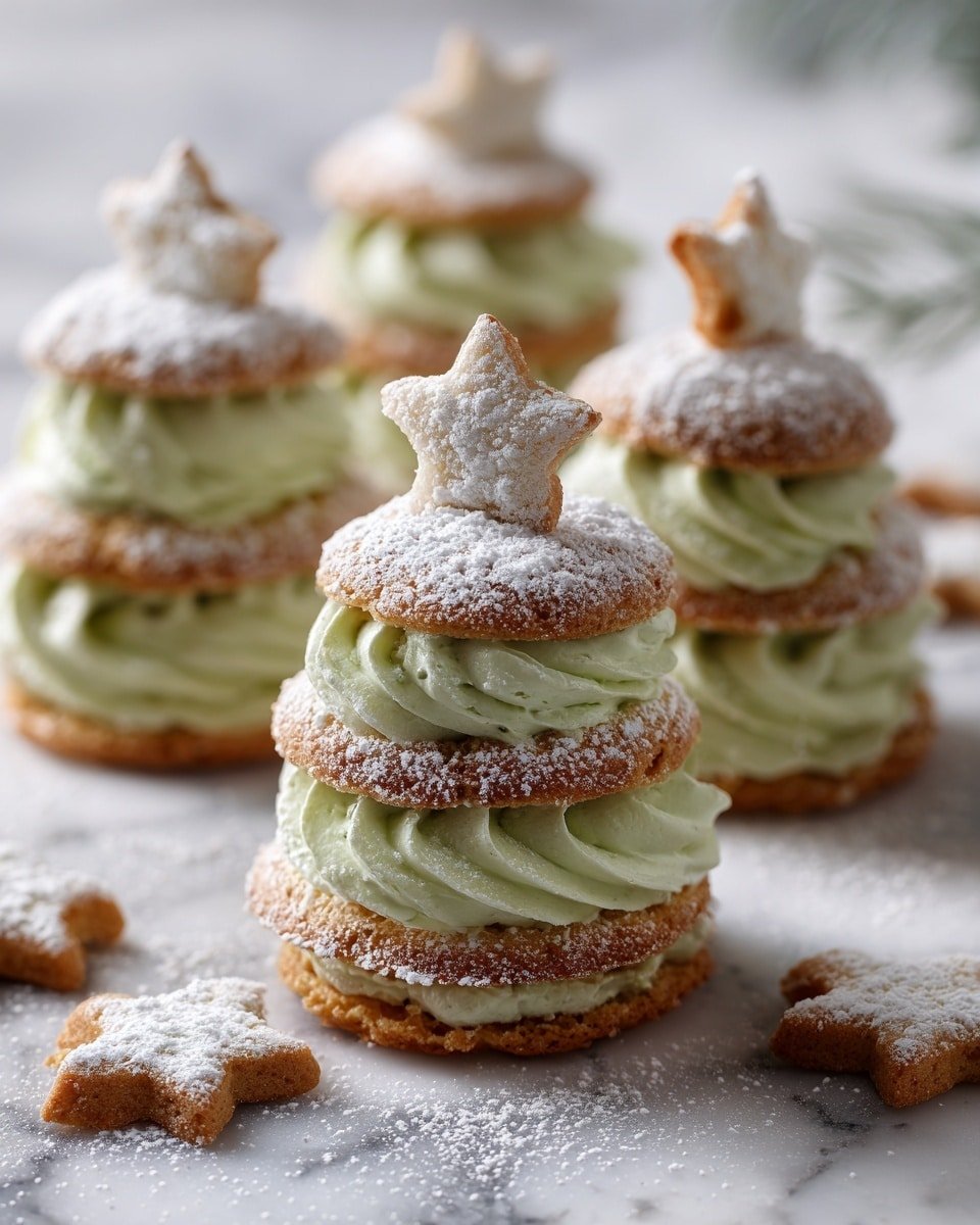 Christmas Tree Cream Puffs with Pistachio Whipped Cream and Shortbread Stars Recipe - Recipe Image — Christmas Tree Cream Puffs with Pistachio Whipped Cream and Shortbread Stars, festive cream puff desserts, holiday Christmas tree cookies, pistachio whipped cream recipe, holiday shortbread stars