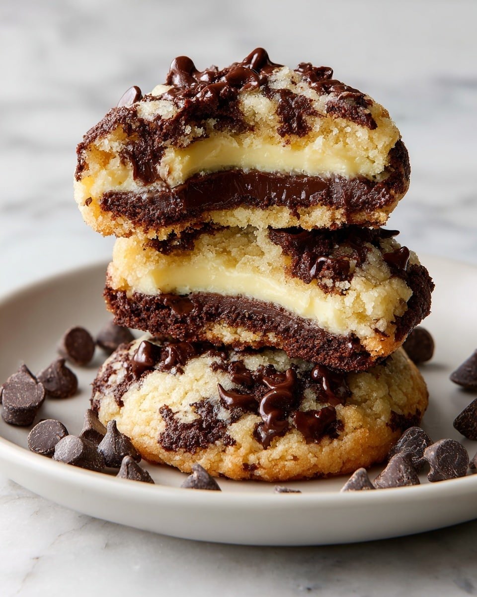 Cheesecake Stuffed Chocolate Chip Cookies Recipe - Recipe Image — Cheesecake Stuffed Chocolate Chip Cookies, chocolate chip cookie recipes, stuffed cookie ideas, cheesecake dessert recipes, homemade cookie treats