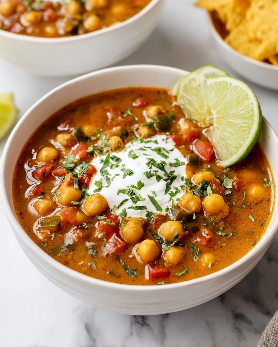 White Chickpea Chili (Vegan Twist on a Classic) Recipe - Recipe Image — White Chickpea Chili Vegan Twist, vegan chickpea chili, healthy vegan chili recipe, plant-based chili with chickpeas, easy vegan chili ideas
