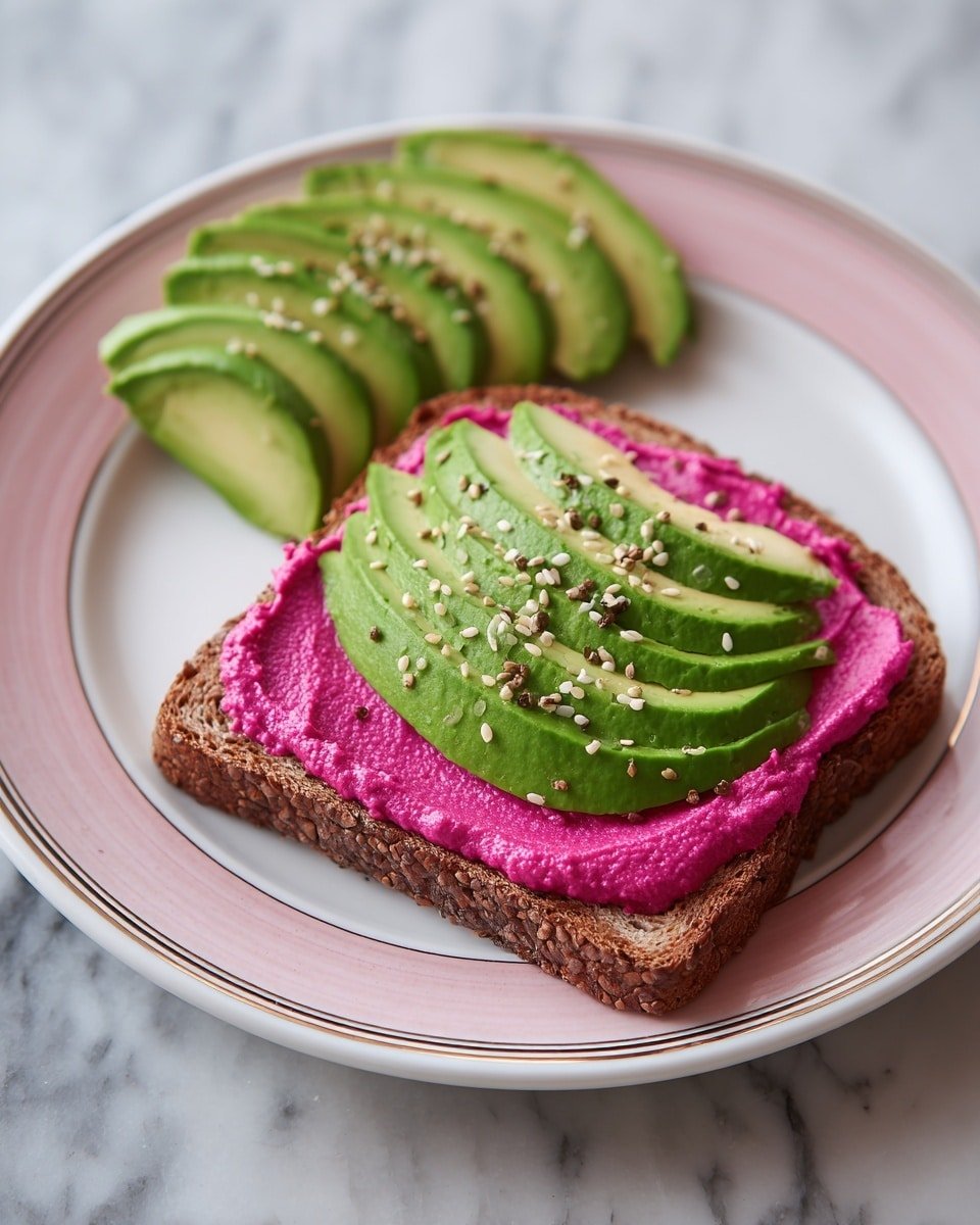 Beetroot Hummus Avocado Toast Recipe - Recipe Image — Beetroot Hummus Avocado Toast, healthy beetroot hummus recipe, vibrant breakfast toast, quick vegetarian snacks, colorful avocado toast