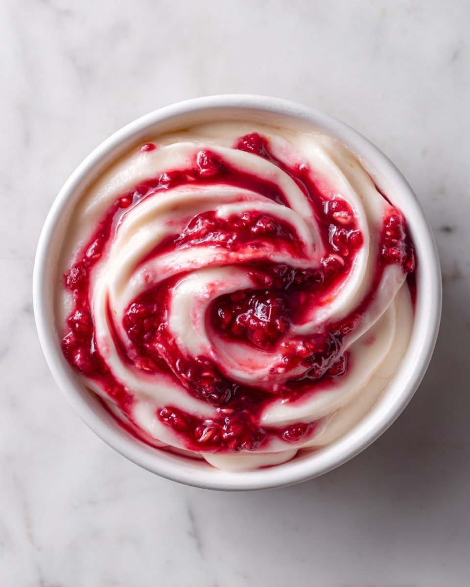 A small white bowl is filled with a creamy, smooth base in a soft off-white color, swirled with vibrant red berry sauce that creates a marbled effect. The swirl starts from the center, twisting outward in a spiral, blending the creamy layer and the red berry layer with some small berry pieces visible. The surface has a glossy look with some golden honey or syrup streaks mixed in, giving it a rich and textured appearance. The bowl is set on a white marbled surface. Photo taken with an iphone --ar 4:5 --v 7 — Christmas Cranberry Honey Butter, holiday butter spread, festive cranberry butter, Christmas breakfast spread, homemade holiday butter