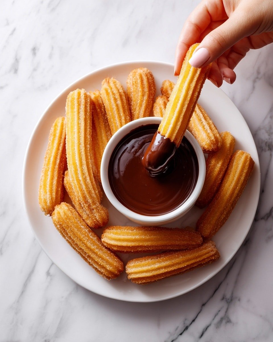 The image shows a white round plate on a white marbled surface. On the plate, there is a ring of 18 golden-brown churros with a ridged texture, arranged radially with their tips facing outward. In the center of the plate, there is a small white bowl filled with smooth, dark chocolate sauce. A woman's hand is holding one churro and dipping it into the thick chocolate, with the sauce dripping down the churro in a glossy stream. The lighting is soft, highlighting the warm colors of the churros and the rich dark brown of the chocolate. photo taken with an iphone --ar 4:5 --v 7 — Easy Cinnamon Sugar Churros, Cinnamon Sugar Churros Recipe, Crispy Homemade Churros, Perfectly Crispy Churros, Best Cinnamon Sugar Churros