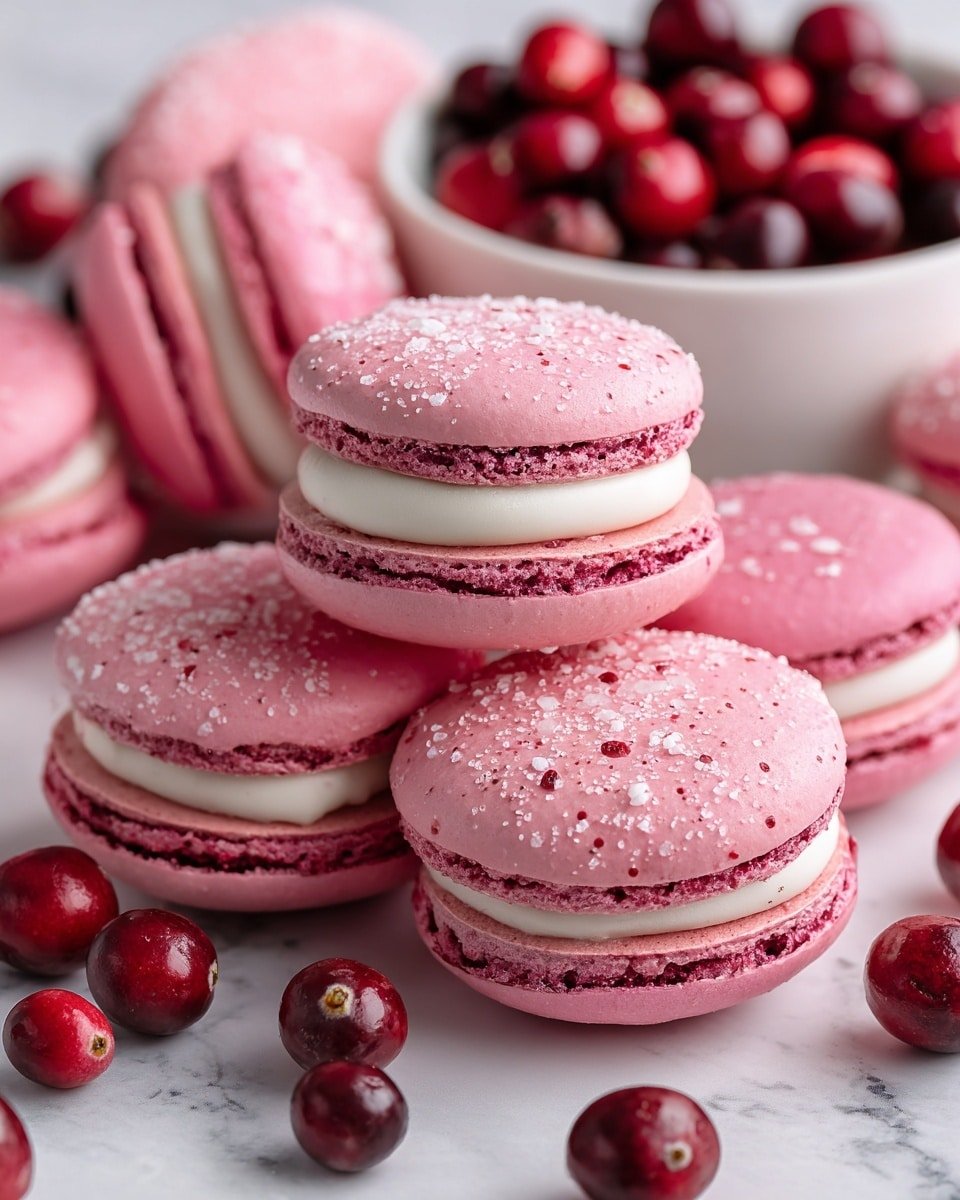 The image shows a group of pink macarons scattered on a crumpled white paper surface with a white marbled texture underneath. Each macaron has two smooth, round, light pink shells with a slightly shiny texture and a visible rough sugary coating on some. Between the shells is a thick, smooth layer of light purple filling, making each macaron have three layers in total. Around the macarons, there are several bright red cranberries adding contrast in color. In the background, there is a white bowl filled with more cranberries. The photo has soft, natural lighting and a close-up view, showing the texture of the macarons and cranberries clearly. Photo taken with an iphone --ar 4:5 --v 7 — Cranberry Macarons Cranberry Ganache and Confit, festive cranberry dessert recipes, elegant holiday macarons, homemade cranberry confit, tart and sweet macaron fillings