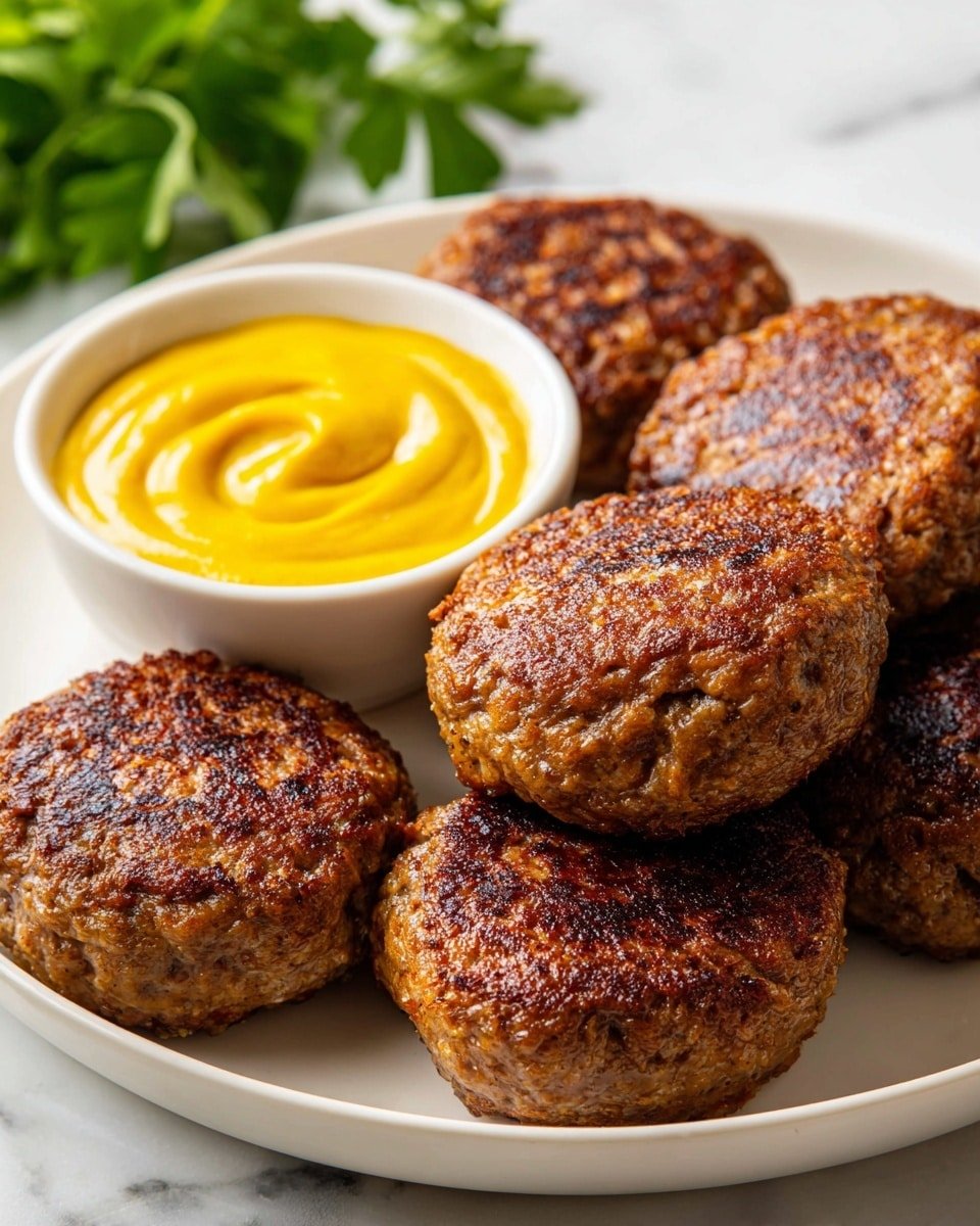 The image shows six browned round patties with a textured surface arranged closely together on a white plate. The patties have a juicy, slightly shiny look with some crisp edges. Behind the patties, there is a small white bowl filled with bright yellow mustard sauce that is smooth and swirled. In the background, some green leafy herbs add color and freshness. The plate is placed on a white marbled surface. photo taken with an iphone --ar 4:5 --v 7 — German Frikadellen, German Hamburgers, authentic German meat patties, traditional German meatball recipe, easy German Frikadellen