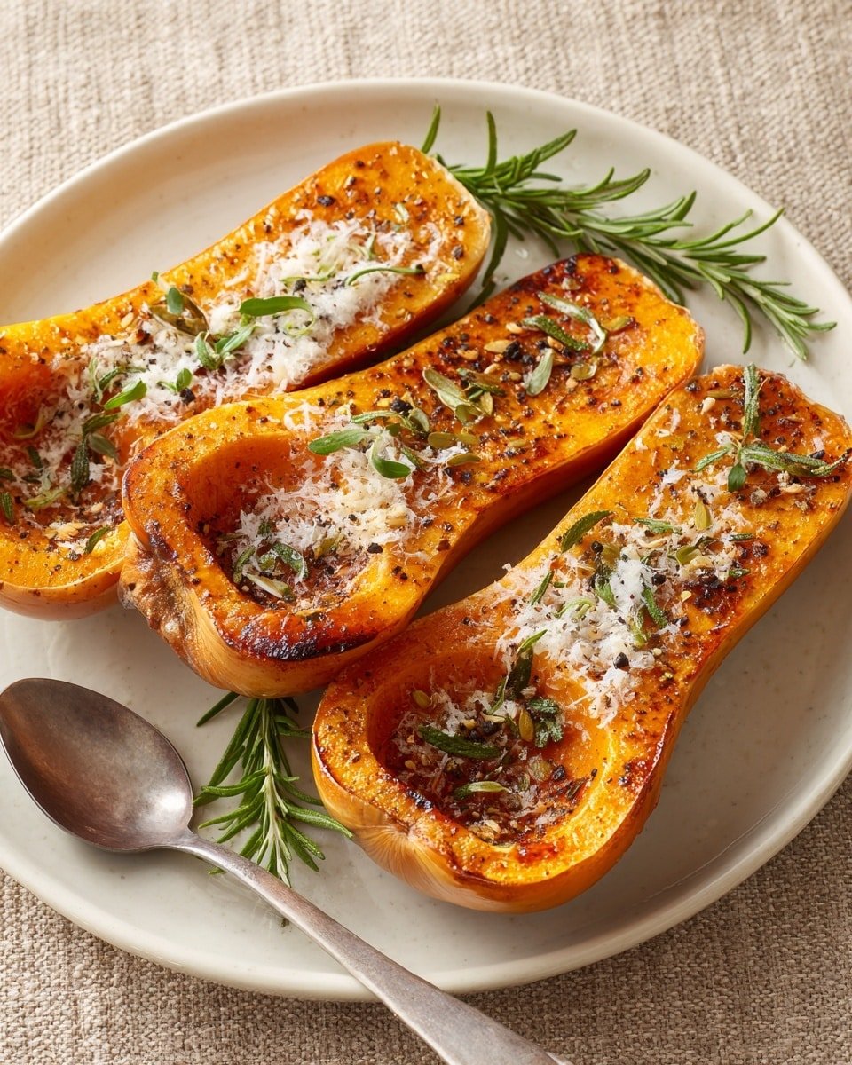The image shows three halves of roasted butternut squash placed on a white plate with a few sprigs of fresh rosemary for garnish. Each squash half has a deep orange, smooth cooked flesh with a slightly browned, caramelized surface. The squash is topped with a generous sprinkle of grated white cheese, small green herb leaves, and some black pepper flakes, adding texture and color contrast. The plate rests on a beige textured surface, and a silver spoon lies beside the squash on the plate. Photo taken with an iphone --ar 4:5 --v 7 — Roasted Honeynut Squash with Parmesan and Herbs, Honeynut squash side dish, healthy roasted squash recipe, easy vegetable side, flavorful squash recipes
