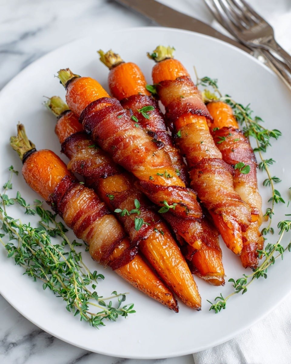 A white plate filled with 10 bright orange carrot sticks, each wrapped tightly in shiny, crispy bacon strips with a caramelized, brown finish. The carrots are placed close together in a slightly angled stack. Small green thyme sprigs are arranged gently around the edge of the plate, adding a fresh touch. There are tiny crumbs of brown sugar scattered lightly on and around the wrapped carrots. The whole arrangement is set on a white marbled surface, and a fork and knife with dark handles are placed near the plate. Photo taken with an iphone --ar 4:5 --v 7 — Maple Bacon Carrots, roasted bacon and carrots, sweet and savory vegetable side dish, glazed carrot recipe, easy festive side dishes