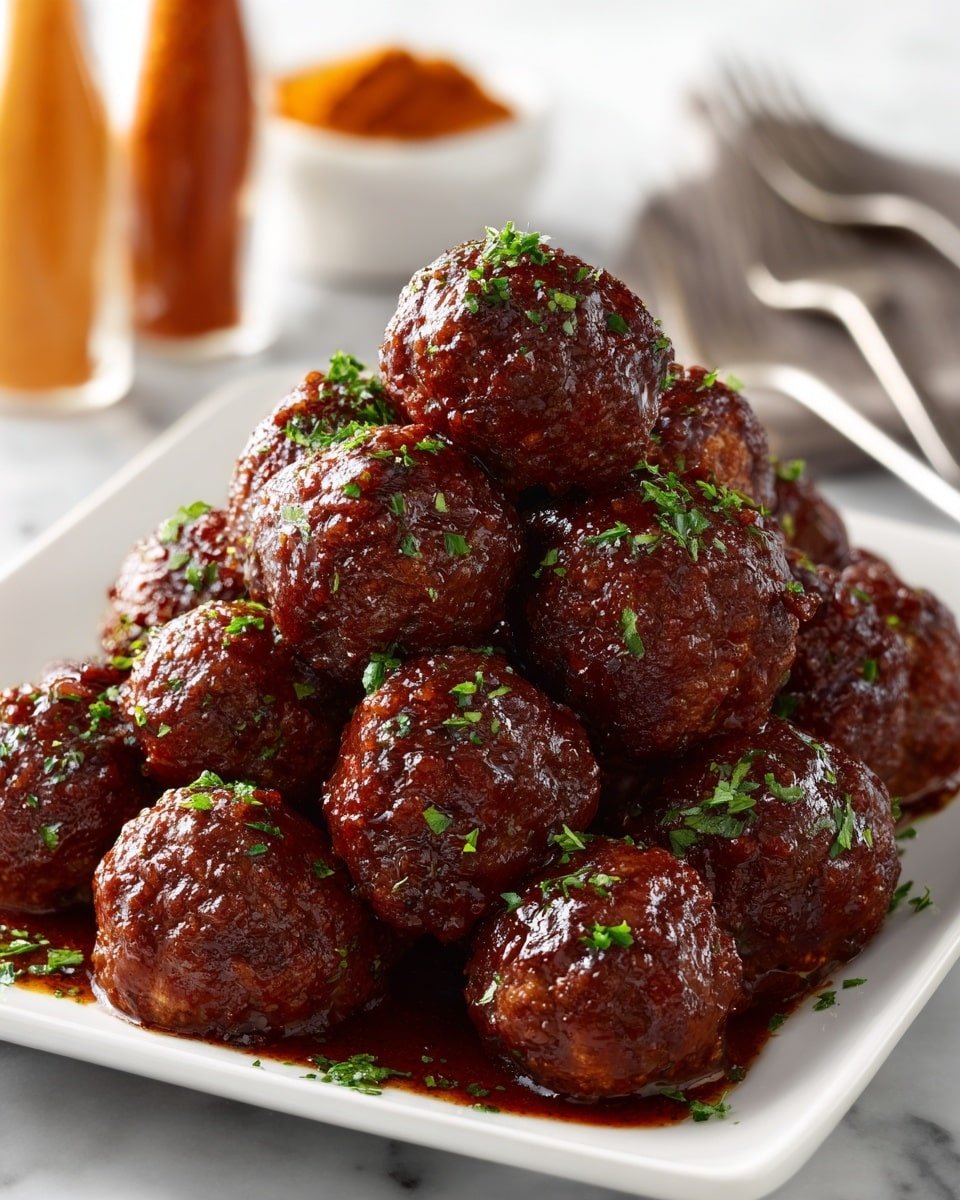 A white rectangular plate is filled with a pile of round meatballs covered in shiny, dark reddish-brown sauce with small green herb sprinkles on top. The meatballs have a slightly crispy, textured surface beneath the sauce, and they are arranged in a pyramid shape. The background shows blurred orange and white spice containers and a few forks on the white marbled surface near the plate. photo taken with an iphone --ar 4:5 --v 7 — Smoked Cheese Stuffed Meatballs, smoked cheese meatballs recipe, cheesy smoked meatballs, grilled meatball appetizer, homemade smoked meatballs