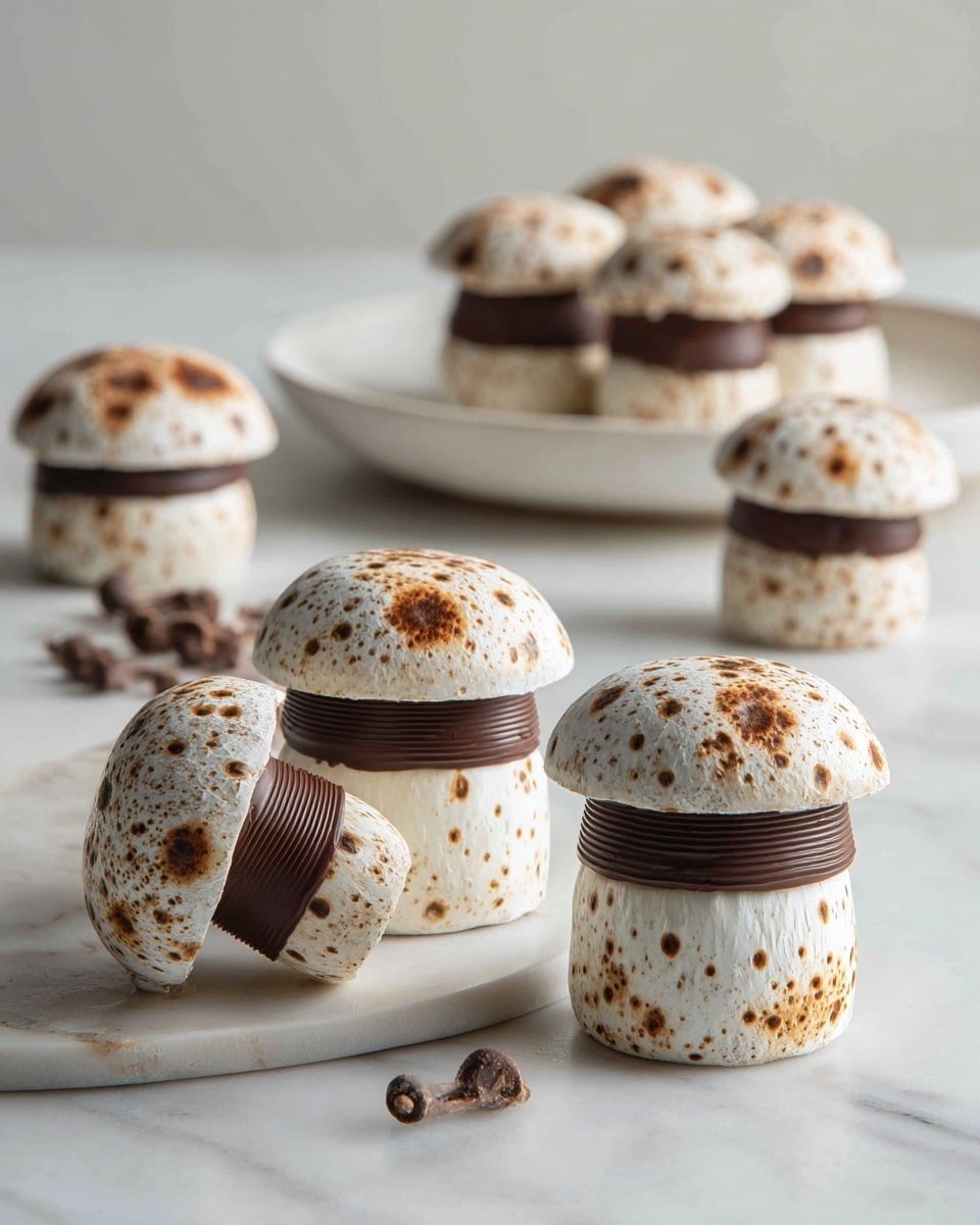The image shows several mushroom-shaped treats arranged on a white marbled surface. Each treat has two layers: a rounded, dome-like top layer with a rough texture and white color speckled with brown spots, and a thicker, cylindrical bottom layer matching the top’s white and brown-speckled look. Between the two layers is a smooth dark brown chocolate layer that connects them. Some of the mushroom shapes stand upright, while others lay on their side, displaying the chocolate middle layer clearly. In the background, more of these treats are seen on a white plate. The overall look is clean and detailed, capturing the texture and colors sharply. photo taken with an iphone --ar 4:5 --v 7 — Meringue Mushrooms, how to make meringue mushrooms, homemade meringue forest treats, festive meringue dessert ideas, easy meringue tips