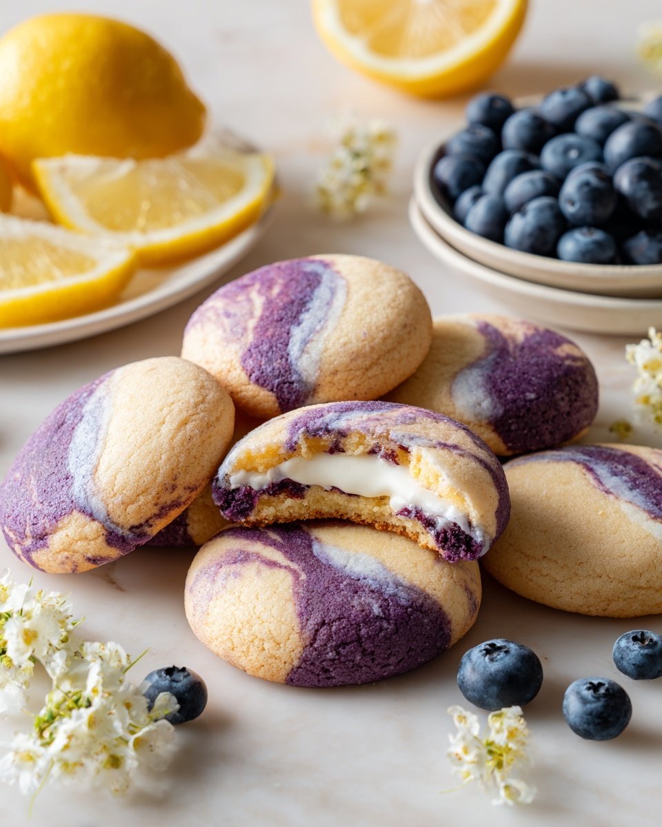 Lemon Blueberry Cheesecake Cookies Recipe - Recipe Image — Lemon Blueberry Cheesecake Cookies, lemon blueberry dessert, cheesecake cookie recipe, fruity cookie recipes, easy cookie desserts