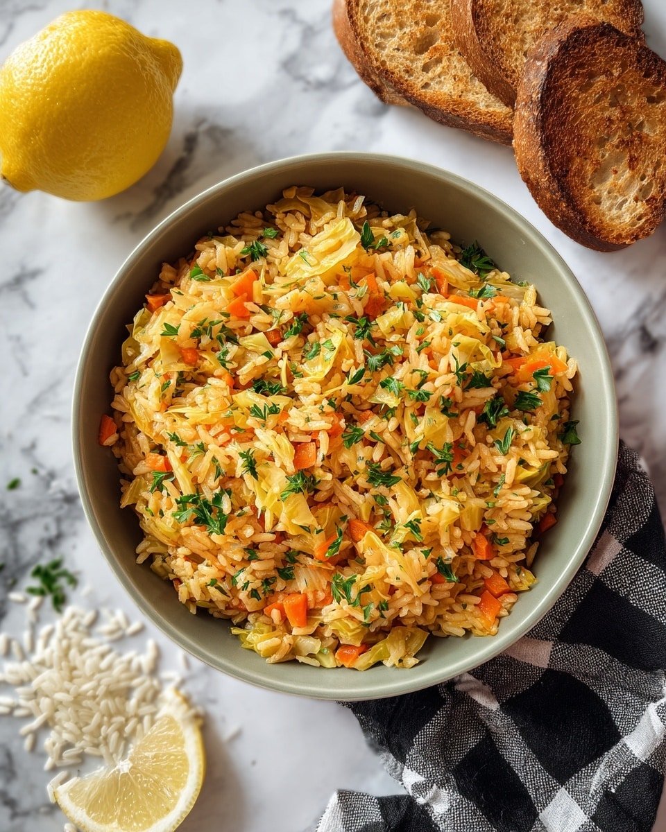 Lahanorizo (Greek Rice with Cabbage) Recipe - Recipe Image — Lahanorizo Greek Rice with Cabbage, Greek rice and cabbage dish, traditional Greek lahano rice recipe, easy Greek vegetable rice, comforting Greek cabbage side
