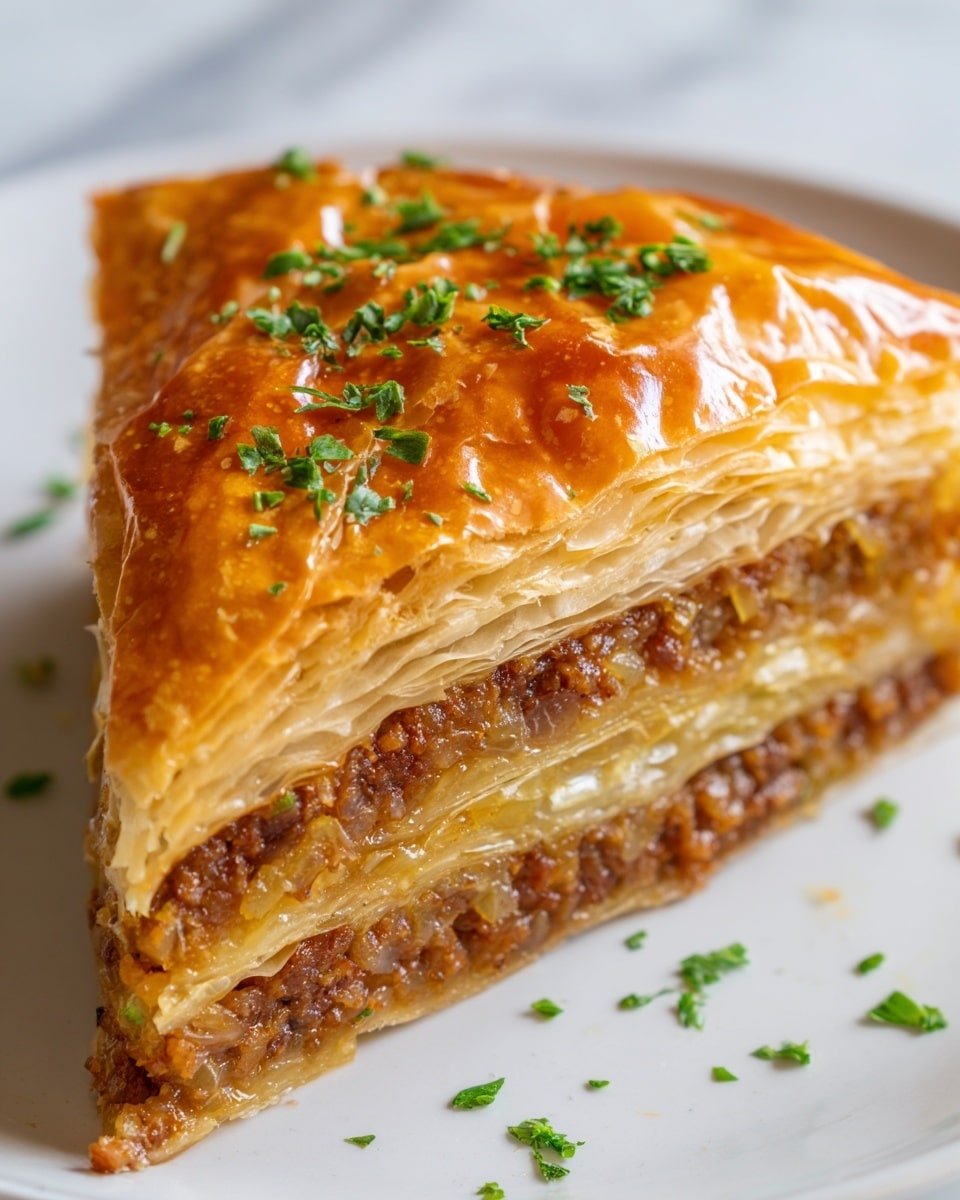 Kreatopita (Greek Savory Meat Pie) Recipe - Recipe Image — Kreatopita Greek savory meat pie, Greek meat pie recipe, traditional Greek Kreatopita, how to make Kreatopita, flaky phyllo meat pie