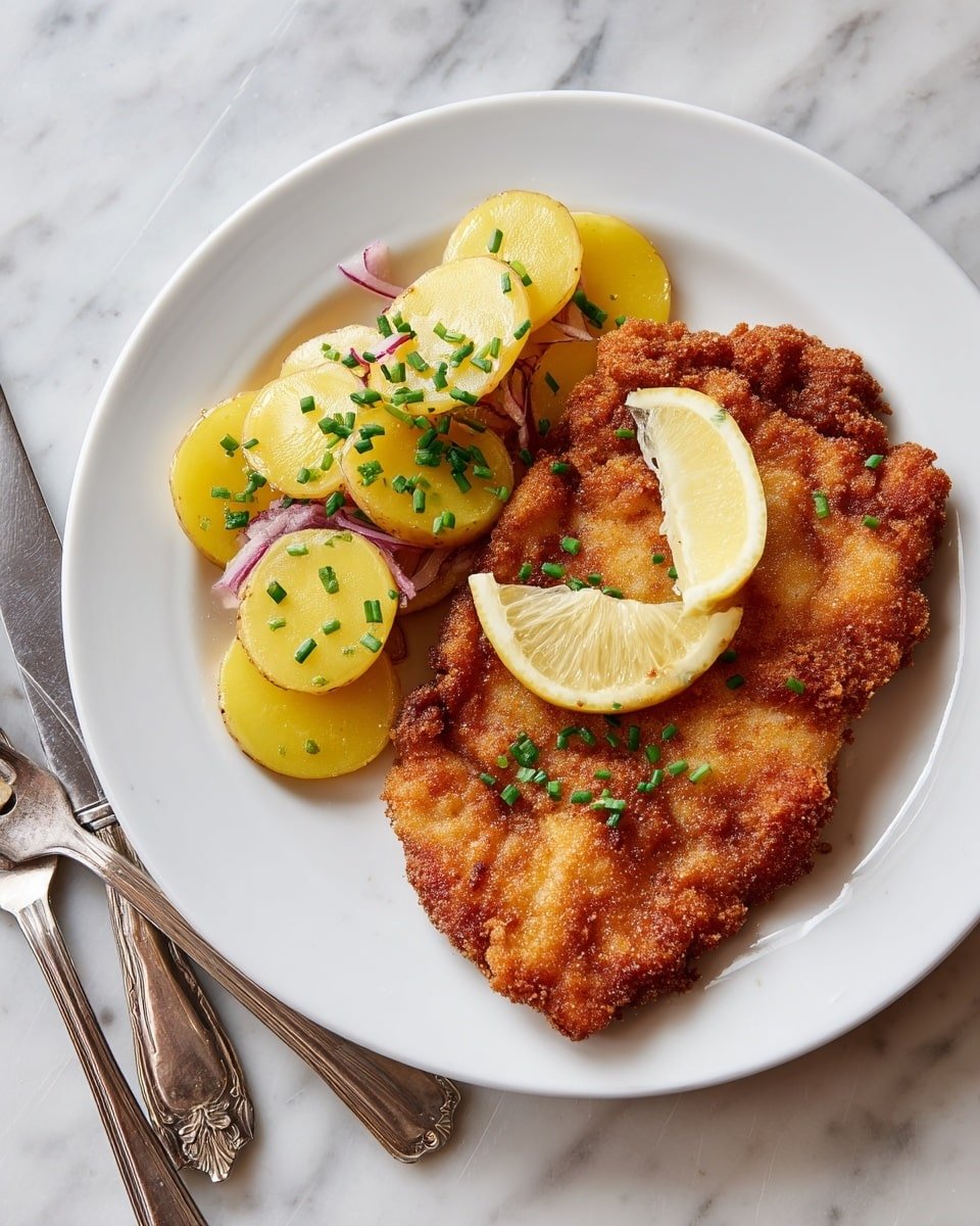 A white plate holds a single crispy golden-brown fried cutlet occupying the right side, showing a rough, crunchy texture with uneven ridges; on the top edge of the cutlet, two lemon wedges are placed, one upright and the other slightly tilted. On the left side of the plate, there are thin, round slices of yellow potatoes mixed with small bits of red onion and sprinkled with chopped green chives. The plate rests on a white marbled surface, and at the bottom next to the plate, an old-fashioned silver knife and fork lie diagonally. Photo taken with an iphone --ar 4:5 --v 7 — Classic Wiener Schnitzel, Wiener Schnitzel recipe, authentic Wiener Schnitzel, crispy veal schnitzel, traditional schnitzel