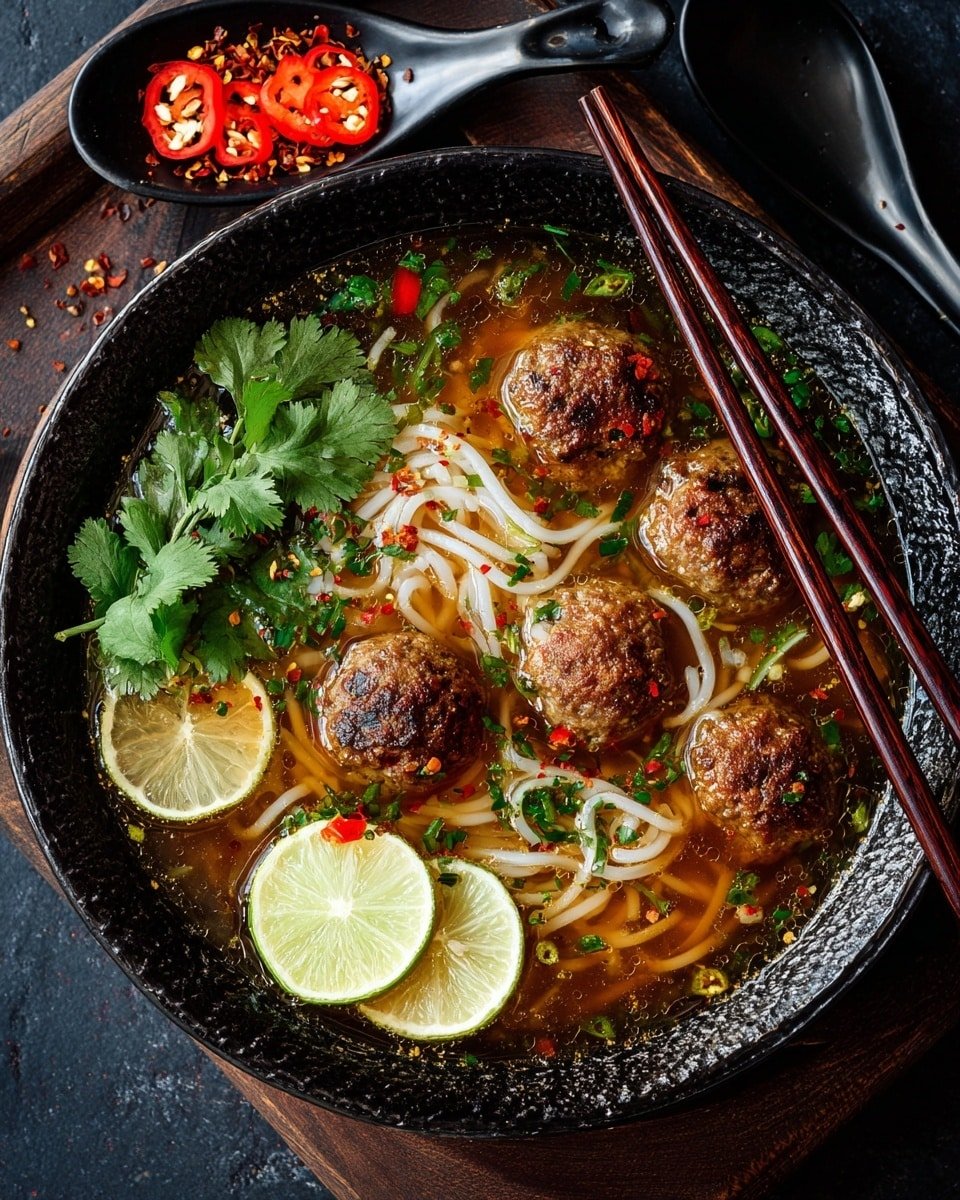 Thai Meatball Noodle Soup Recipe - Recipe Image — Thai Meatball Noodle Soup, Thai Meatball Soup, Thai noodle soup, coconut curry soup, spicy Thai meatball recipe