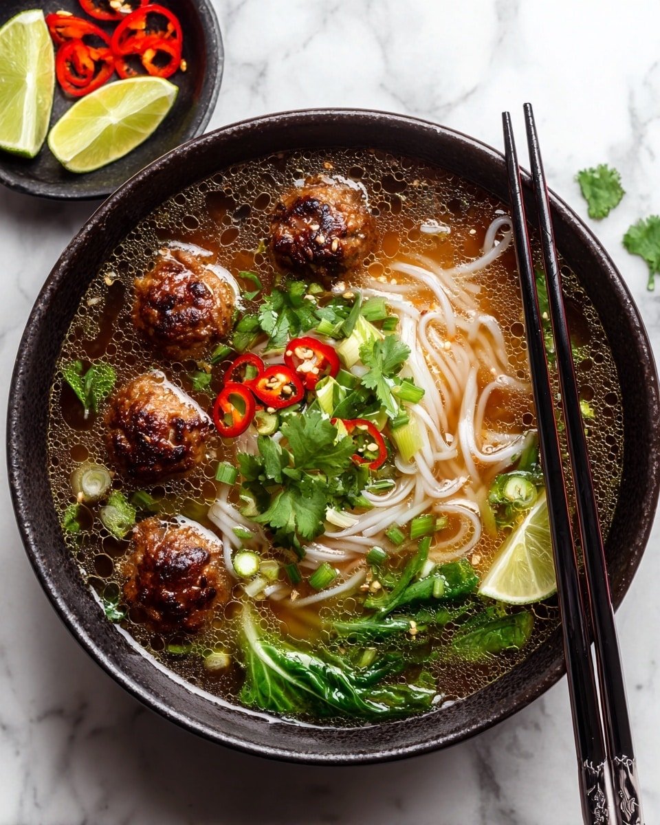 Thai Meatball Noodle Soup Recipe - Recipe Image — Thai Meatball Noodle Soup, Thai Meatball Soup, Thai noodle soup, coconut curry soup, spicy Thai meatball recipe