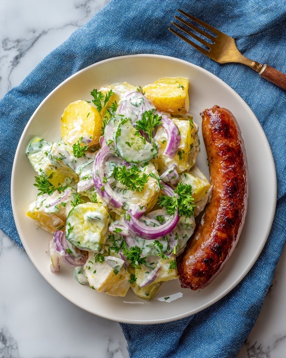 Potato Sausage Salad Recipe - Recipe Image — Potato Sausage Salad, Potato Sausage Salad recipe, warm potato salad with sausage, easy sausage potato salad, comforting potato salad ideas