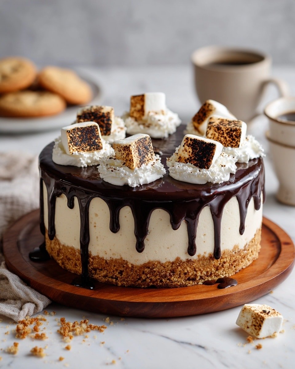 Decadent S’mores Cheesecake Recipe - Recipe Image — Decadent S’mores Cheesecake, s'mores cheesecake, campfire dessert, chocolate marshmallow cheesecake, easy s'mores dessert
