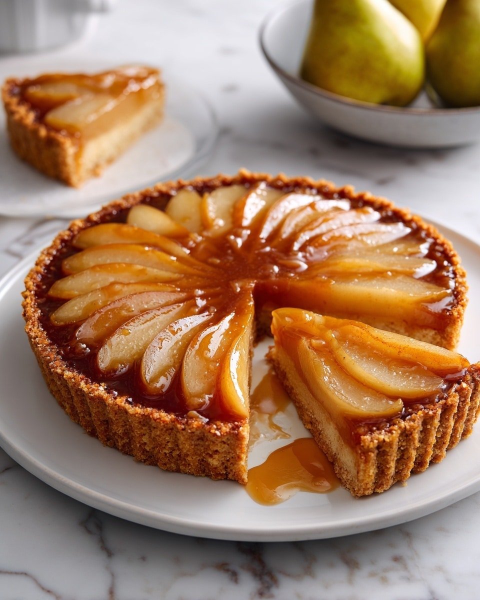 Pear Tarte Tatin Recipe - Recipe Image — Pear Tarte Tatin, pear caramel tart, rustic pear dessert, easy French tart, caramelized pear recipe